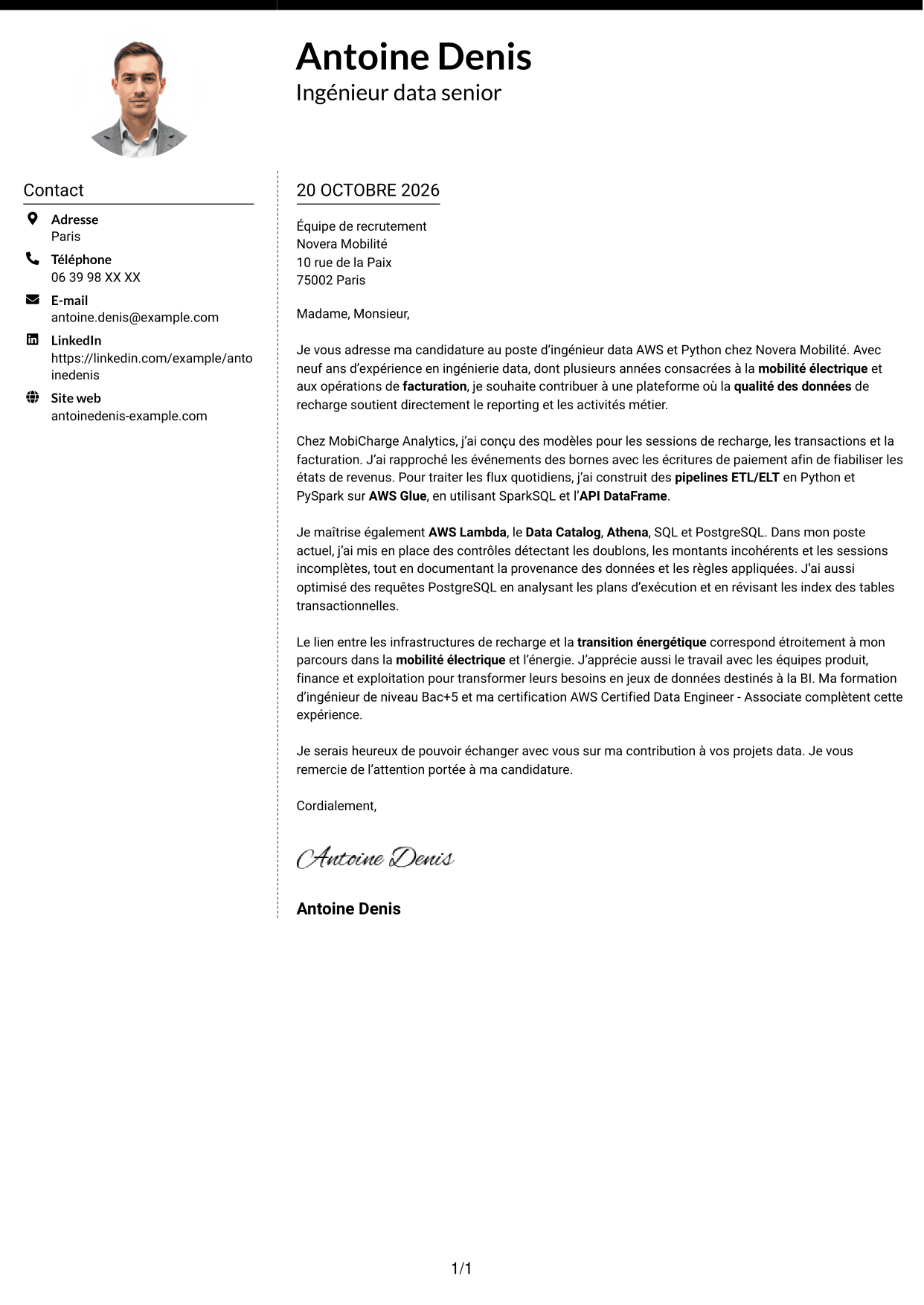 Lettre de motivation Moderne (format à deux colonnes avec photo à gauche et séparateur) : Data Engineer - AWS et Python, page 1