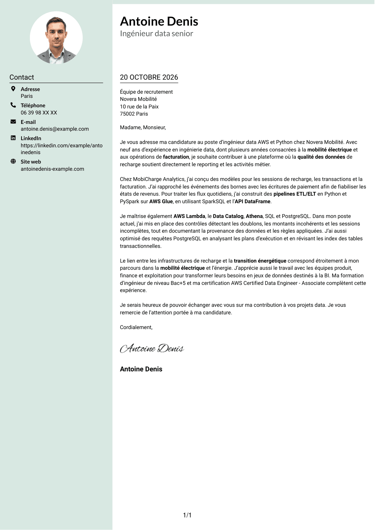 Lettre de motivation Cadre (format à colonne latérale douce avec photo arrondie) : Data Engineer - AWS et Python, page 1