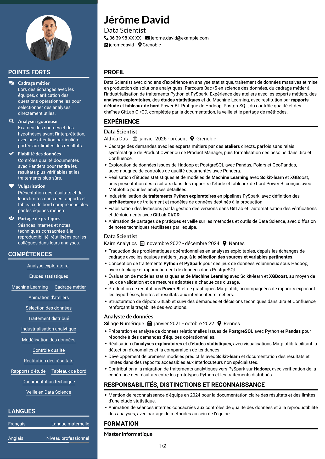 CV Élégant (format à colonne latérale colorée avec photo) : Data Scientist - Python et PySpark, page 1