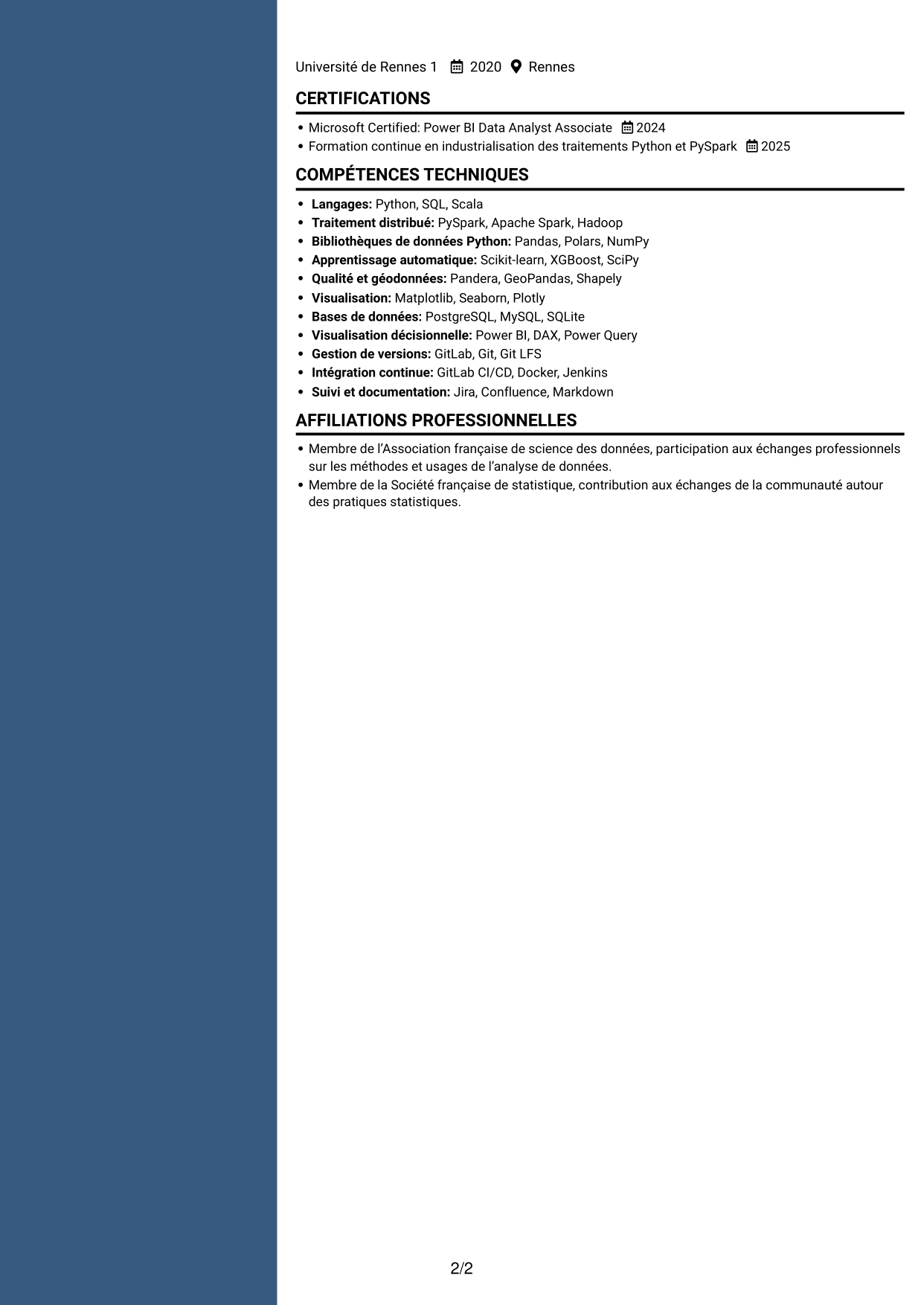 CV Élégant (format à colonne latérale colorée avec photo) : Data Scientist - Python et PySpark, page 2