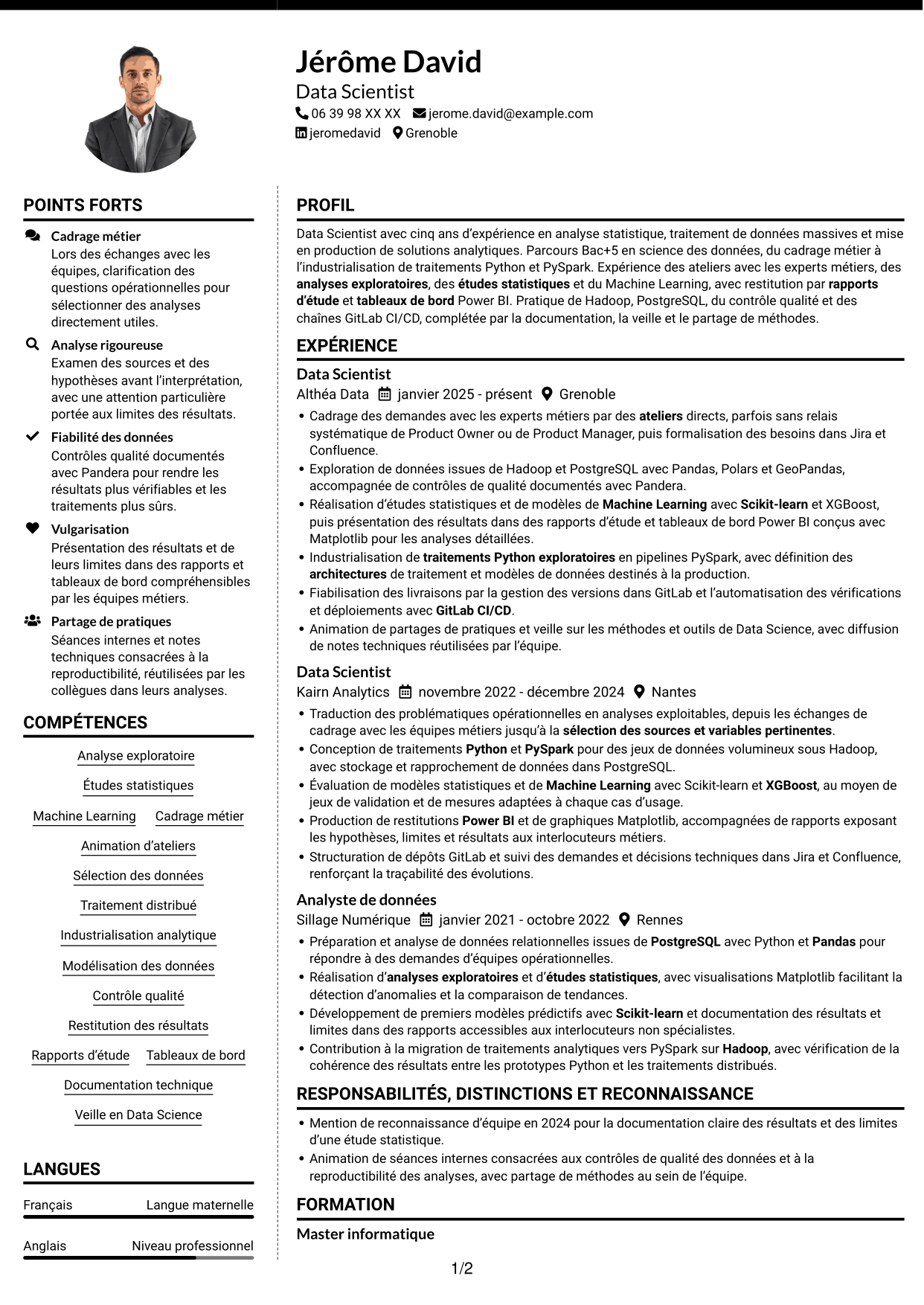 CV Moderne (format à deux colonnes avec photo à gauche et séparateur) : Data Scientist - Python et PySpark, page 1