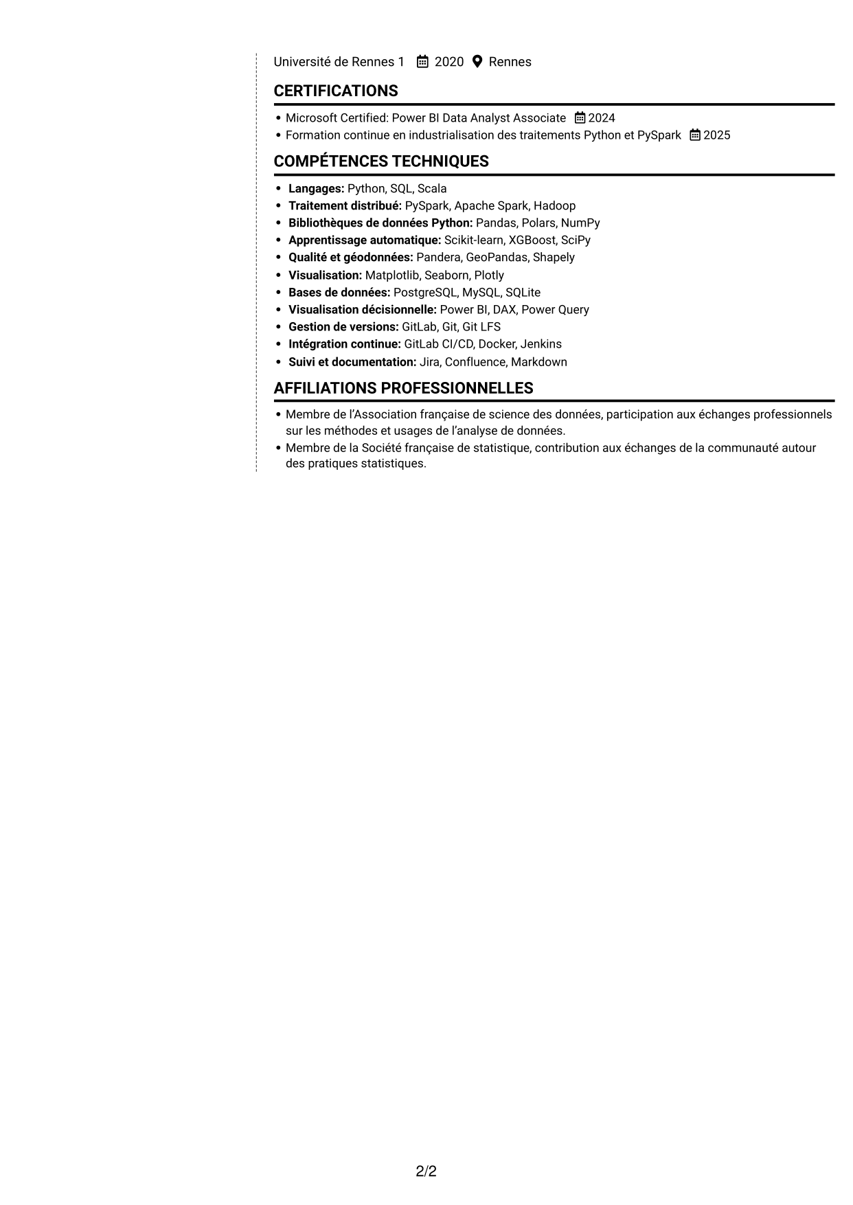 CV Moderne (format à deux colonnes avec photo à gauche et séparateur) : Data Scientist - Python et PySpark, page 2