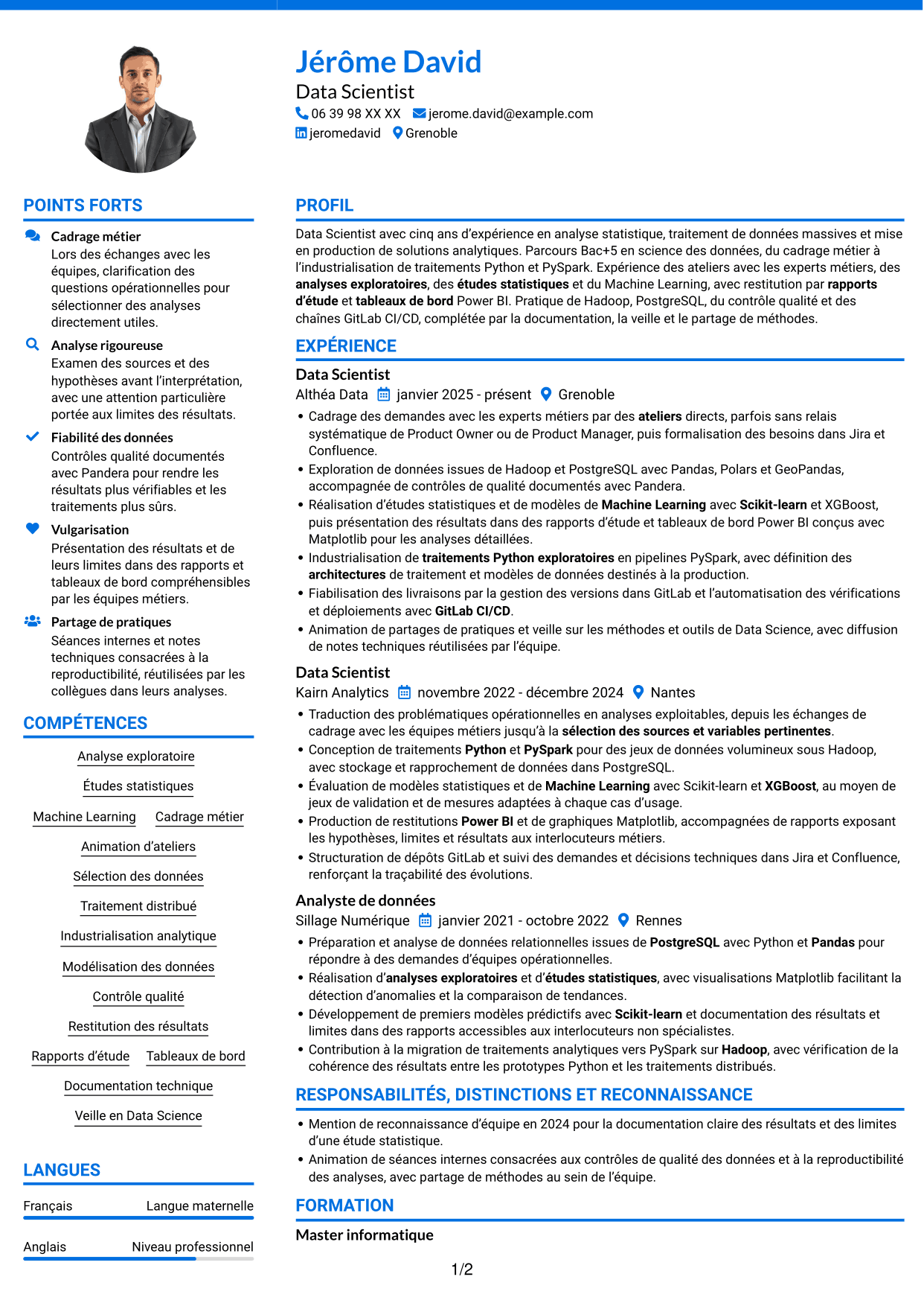 CV Audacieux (format à deux colonnes avec accents colorés et photo) : Data Scientist - Python et PySpark, page 1