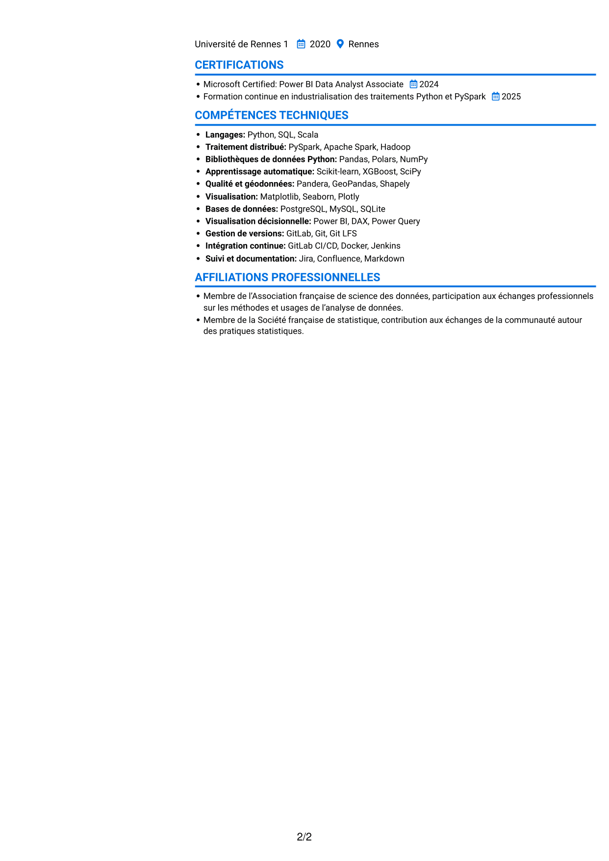 CV Audacieux (format à deux colonnes avec accents colorés et photo) : Data Scientist - Python et PySpark, page 2