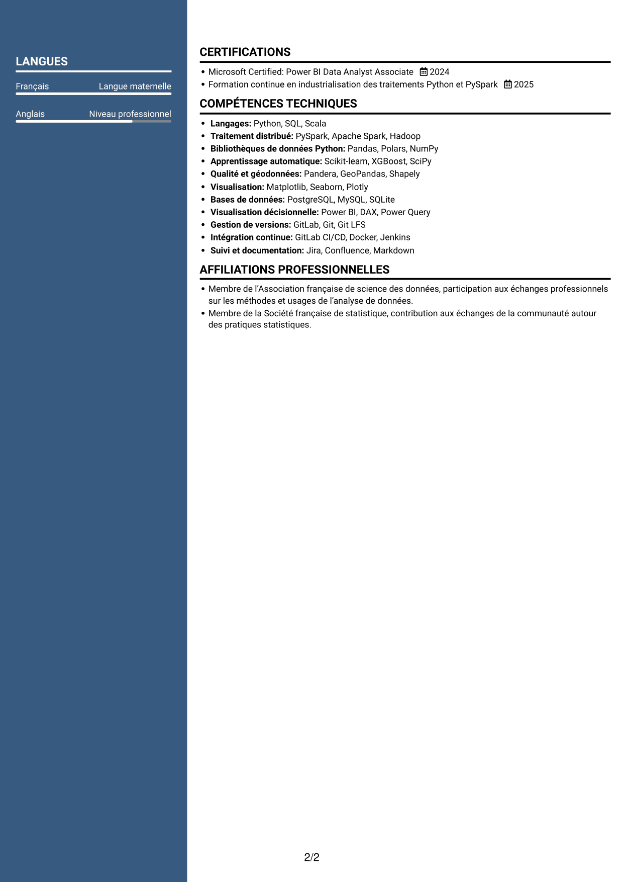 CV Signature (format à colonne latérale colorée avec grande photo) : Data Scientist - Python et PySpark, page 2