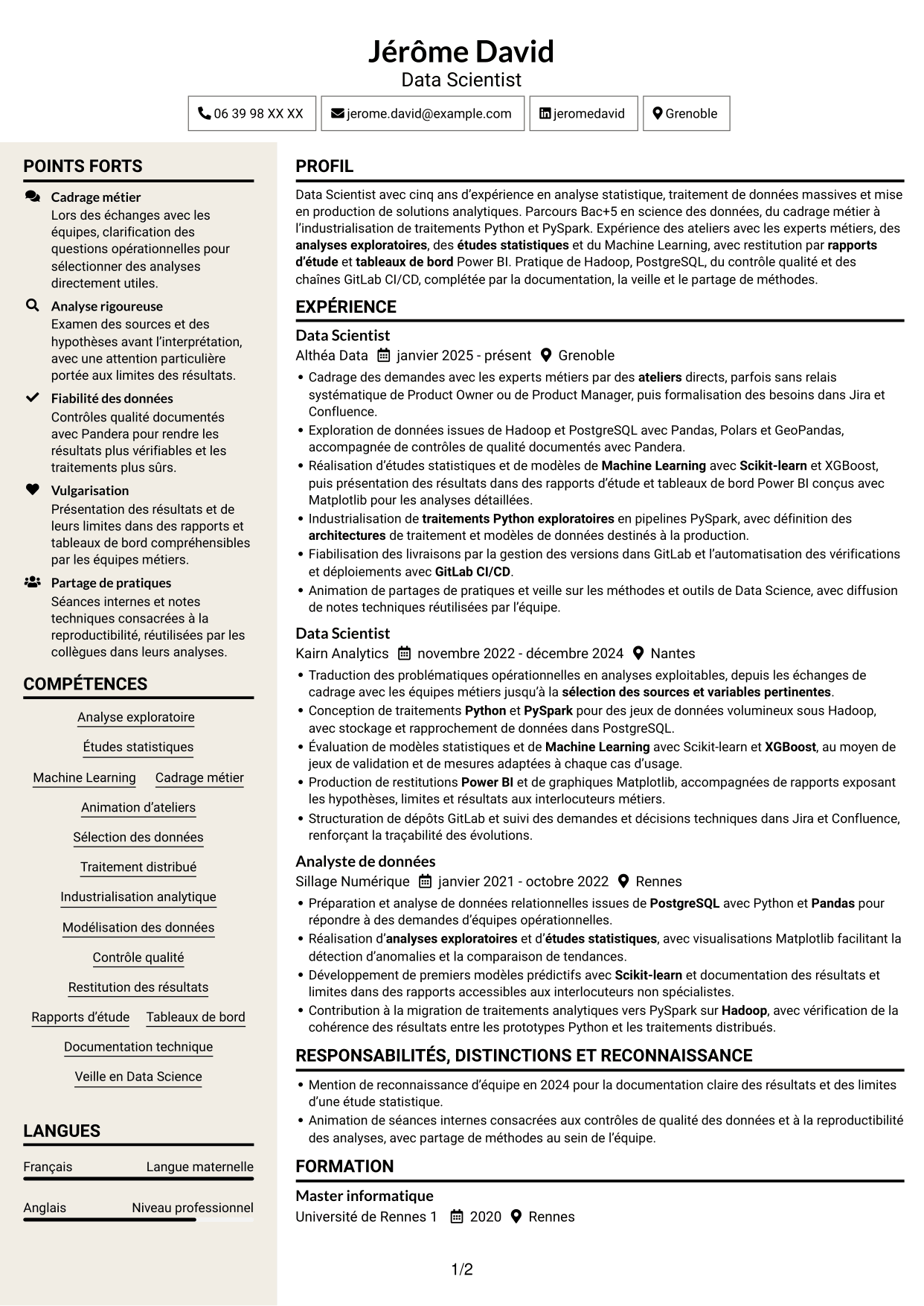 CV Fonceur (format à deux colonnes avec en-tête centré sans photo) : Data Scientist - Python et PySpark, page 1