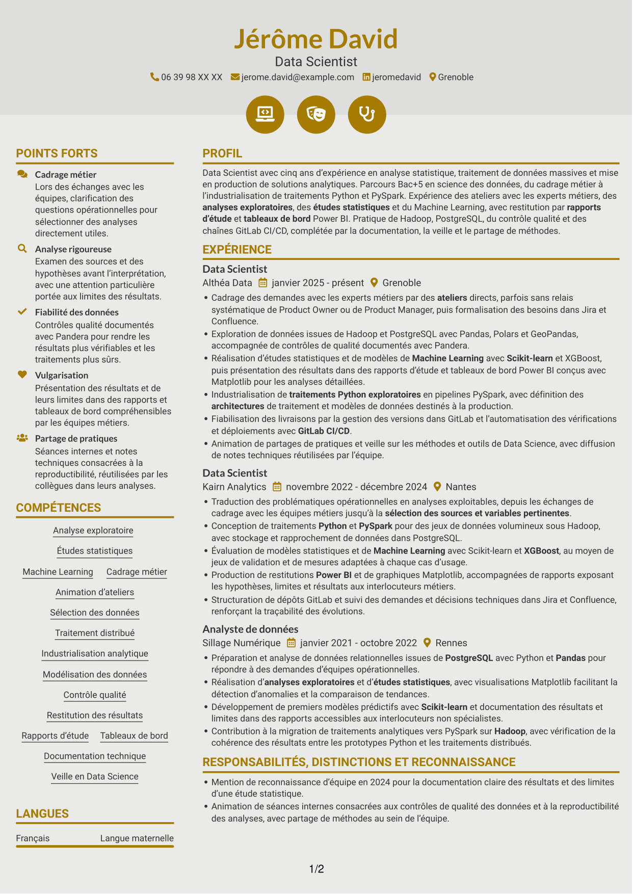CV Dynamique (format à deux colonnes avec icônes) : Data Scientist - Python et PySpark, page 1