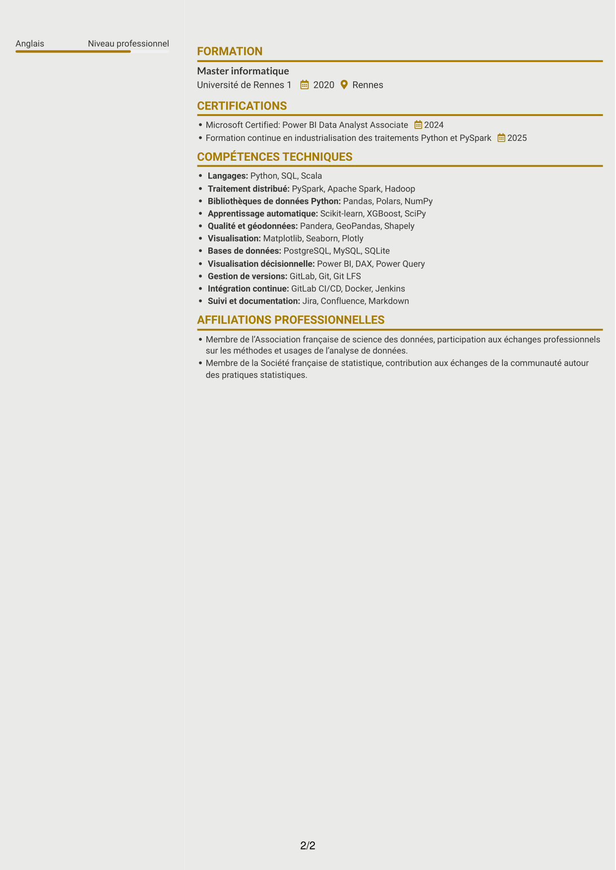 CV Dynamique (format à deux colonnes avec icônes) : Data Scientist - Python et PySpark, page 2