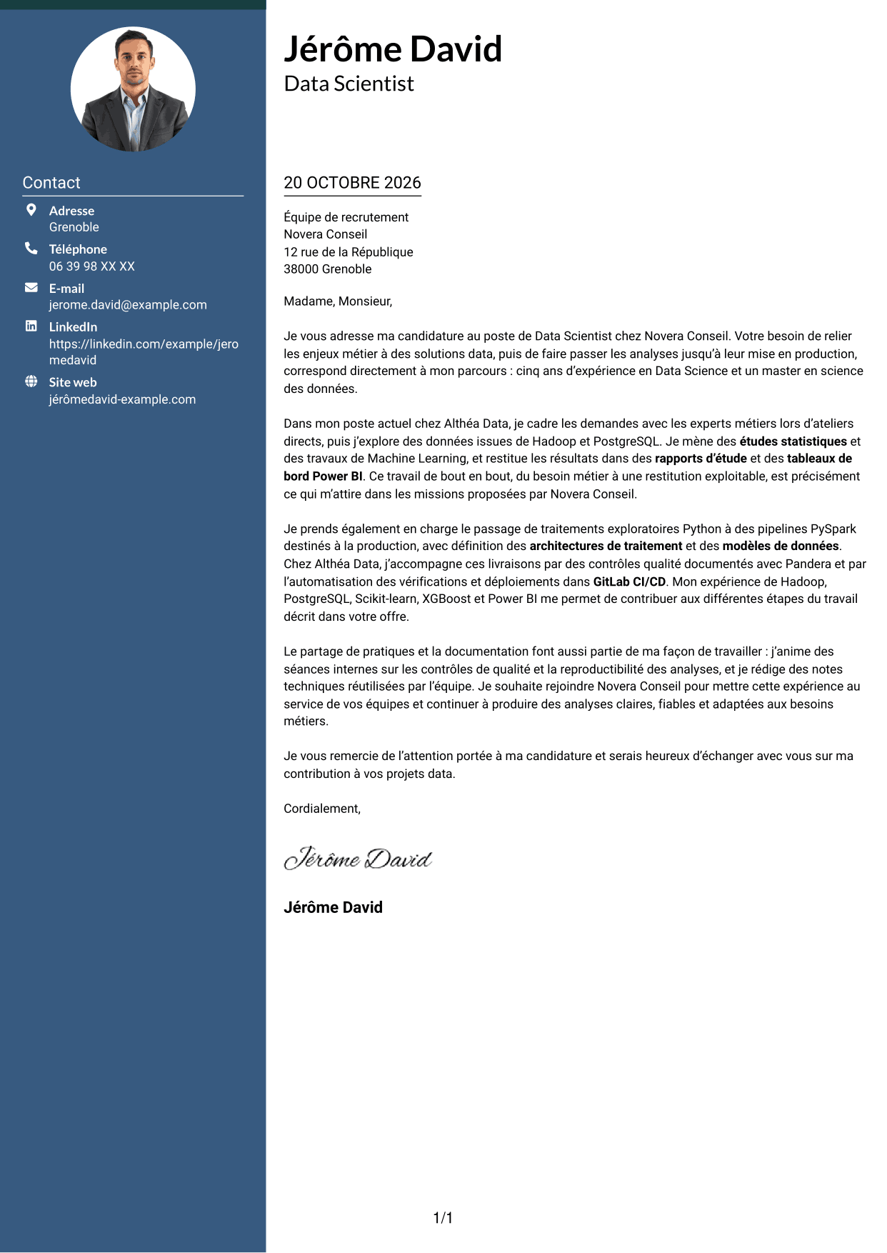 Lettre de motivation Élégant (format à colonne latérale colorée avec photo) : Data Scientist - Python et PySpark, page 1