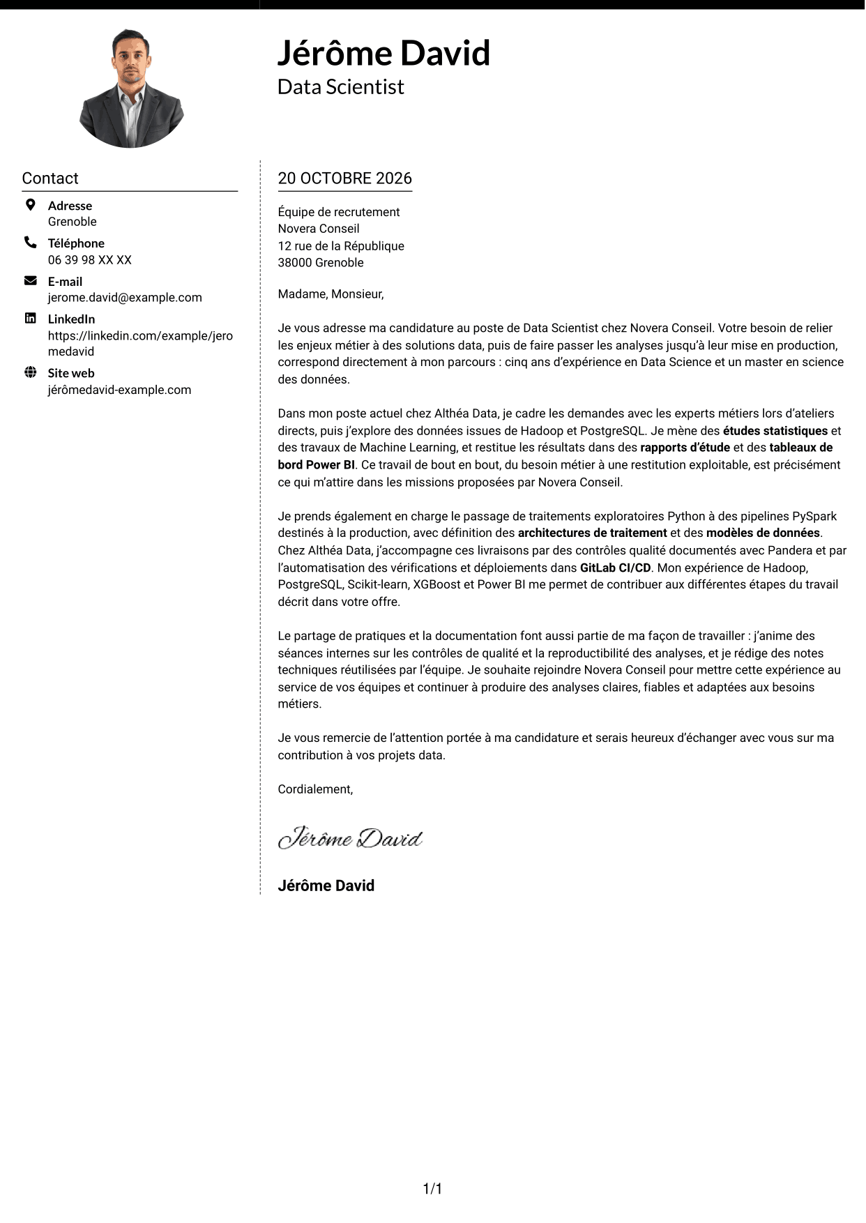Lettre de motivation Moderne (format à deux colonnes avec photo à gauche et séparateur) : Data Scientist - Python et PySpark, page 1