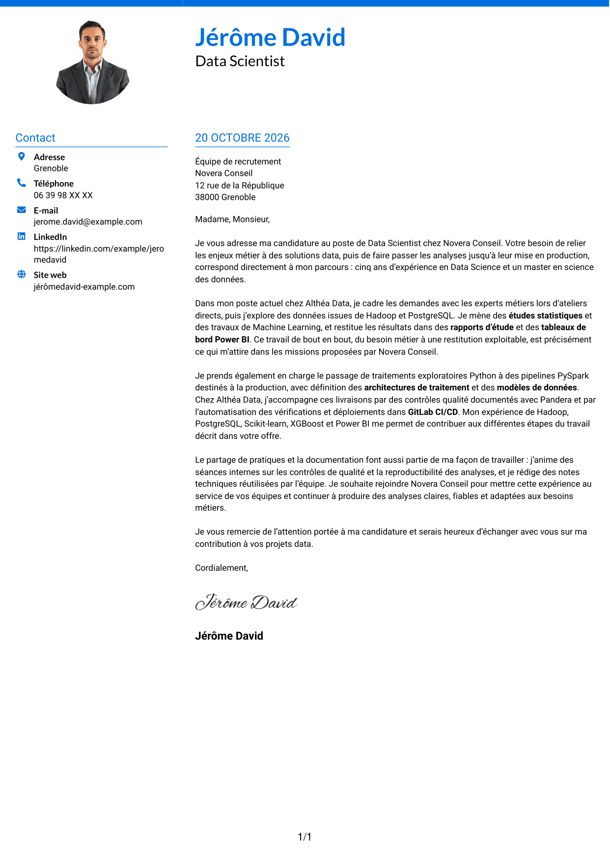 Lettre de motivation Audacieux (format à deux colonnes avec accents colorés et photo) : Data Scientist - Python et PySpark, page 1