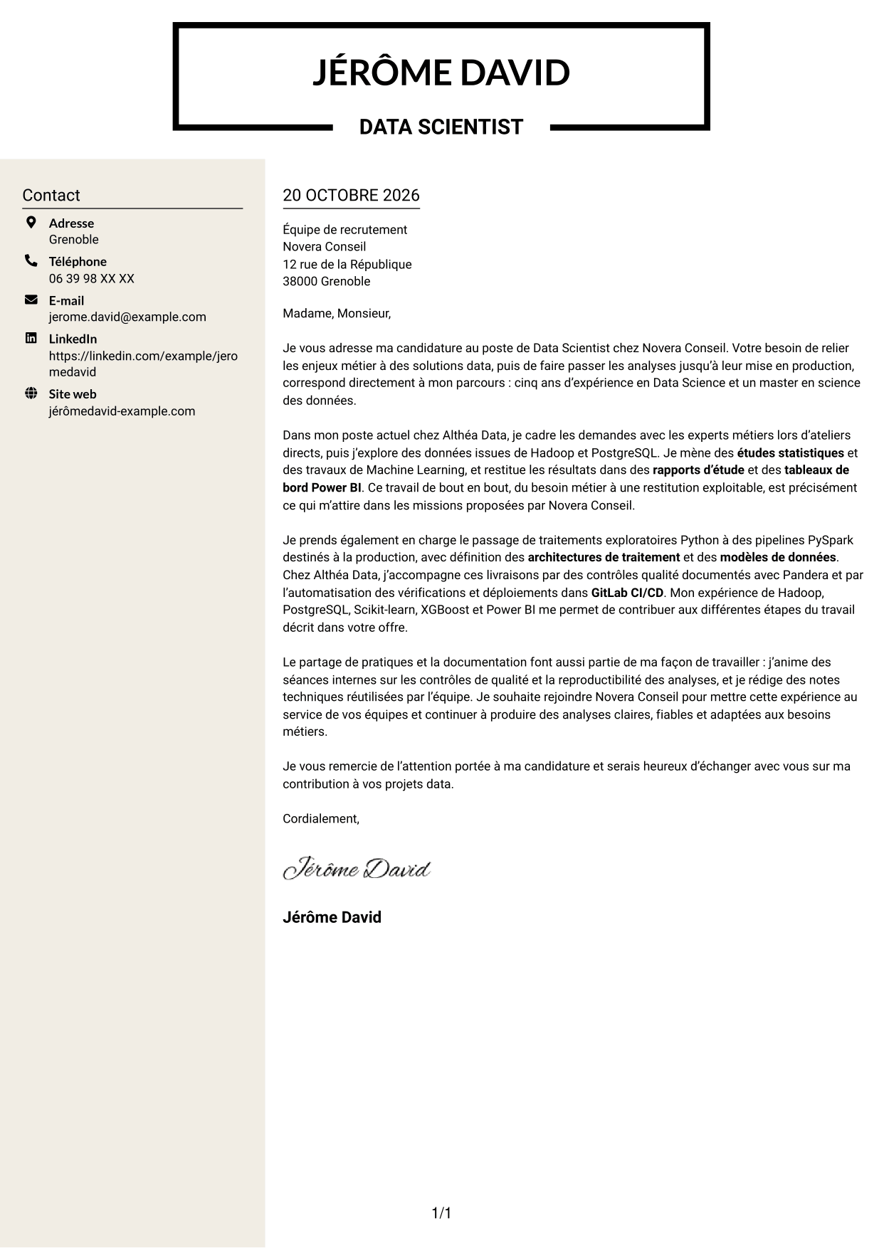 Lettre de motivation Fonceur (format à deux colonnes avec en-tête centré sans photo) : Data Scientist - Python et PySpark, page 1