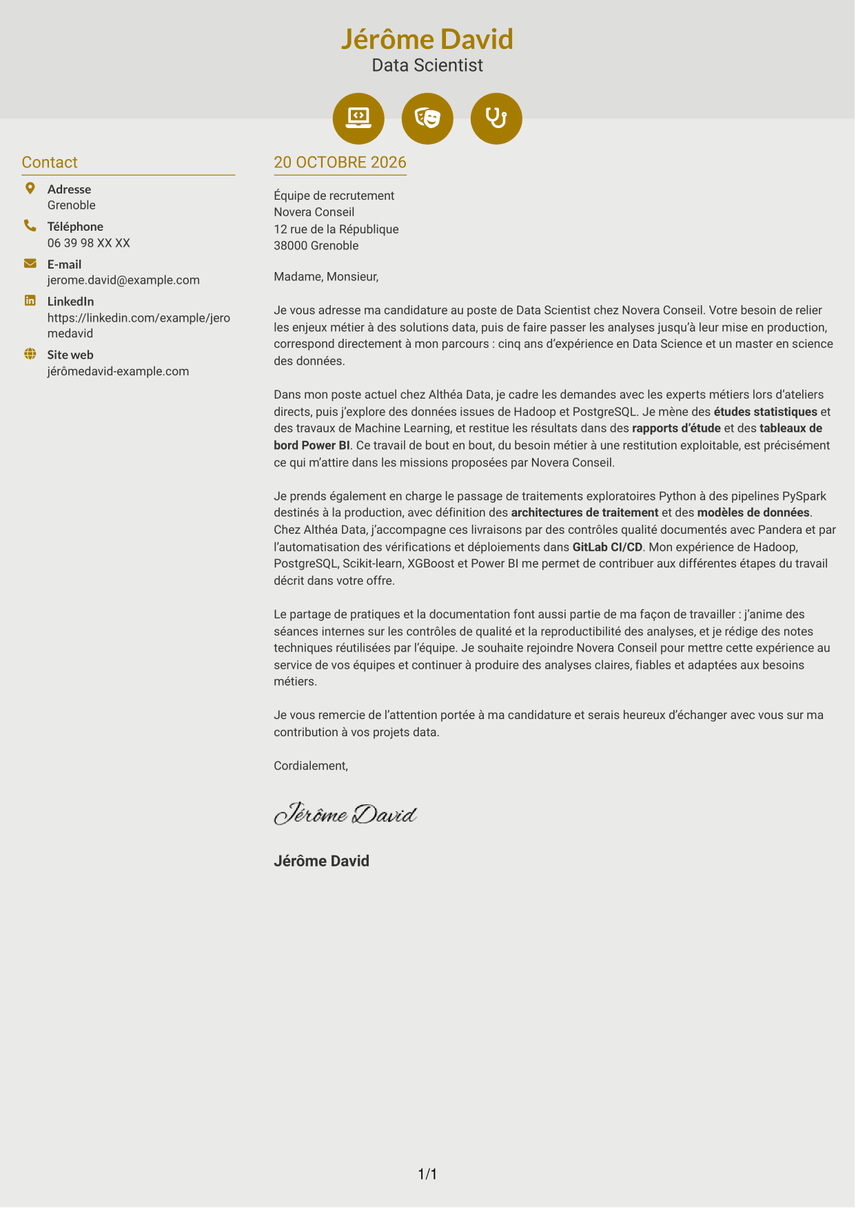 Lettre de motivation Dynamique (format à deux colonnes avec icônes) : Data Scientist - Python et PySpark, page 1