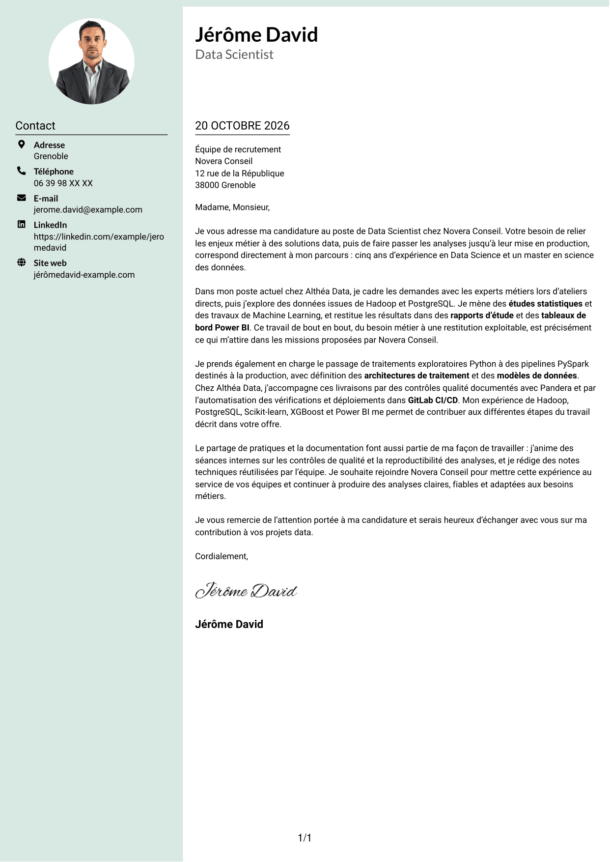 Lettre de motivation Cadre (format à colonne latérale douce avec photo arrondie) : Data Scientist - Python et PySpark, page 1