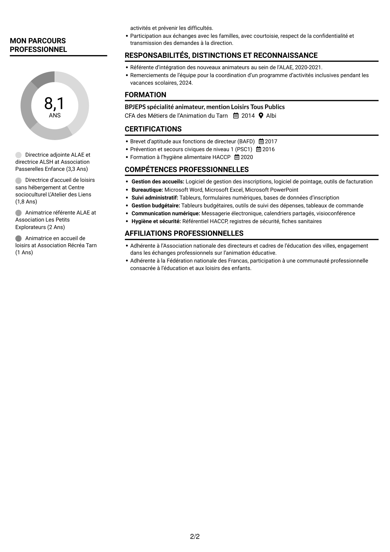 CV Compact (format sobre à deux colonnes avec photo) : Directeur adjoint ALAE - Direction d’ALSH, page 2