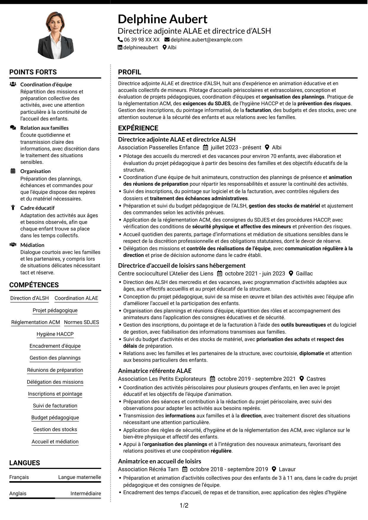 CV Moderne (format à deux colonnes avec photo à gauche et séparateur) : Directeur adjoint ALAE - Direction d’ALSH, page 1