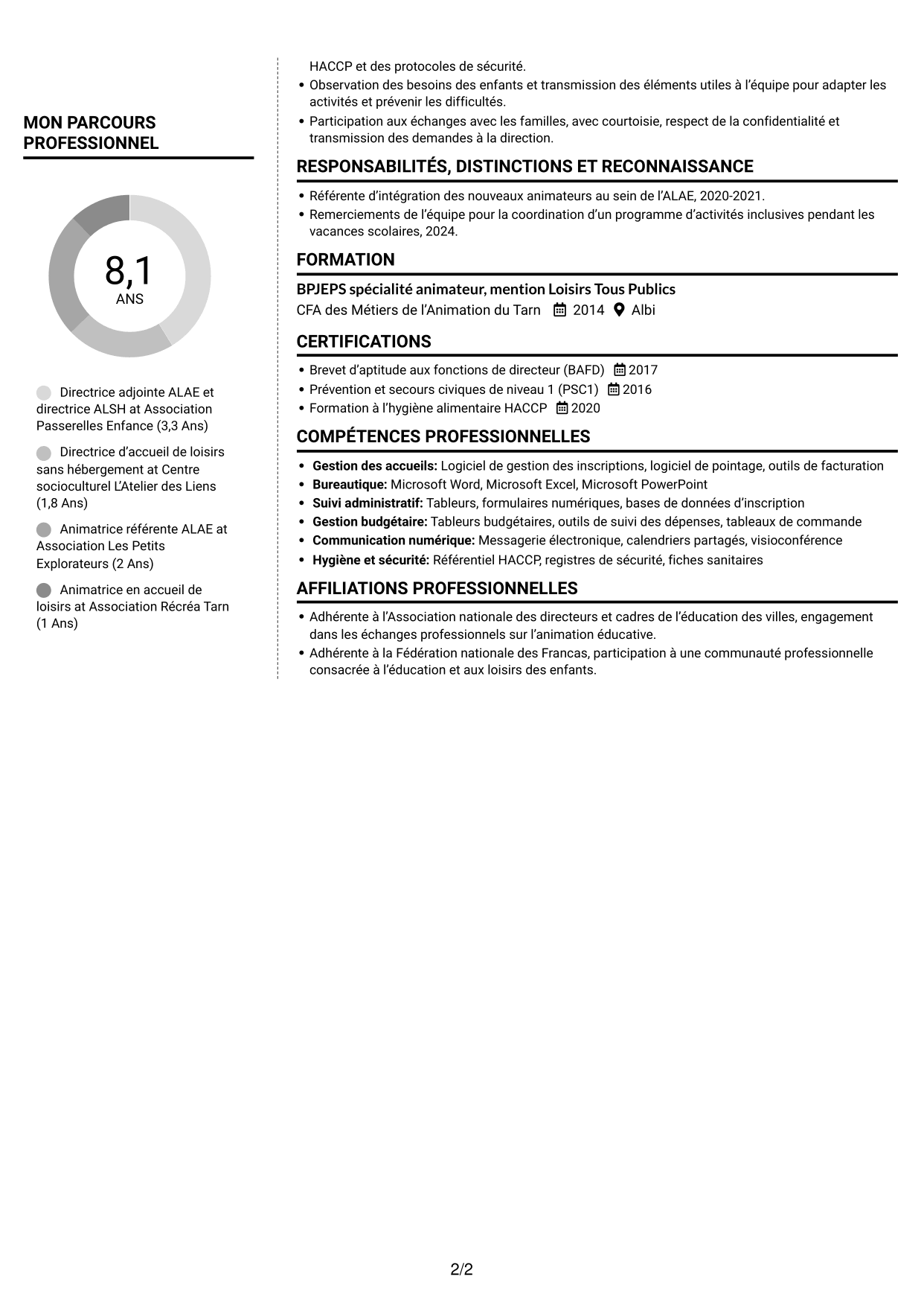 CV Moderne (format à deux colonnes avec photo à gauche et séparateur) : Directeur adjoint ALAE - Direction d’ALSH, page 2