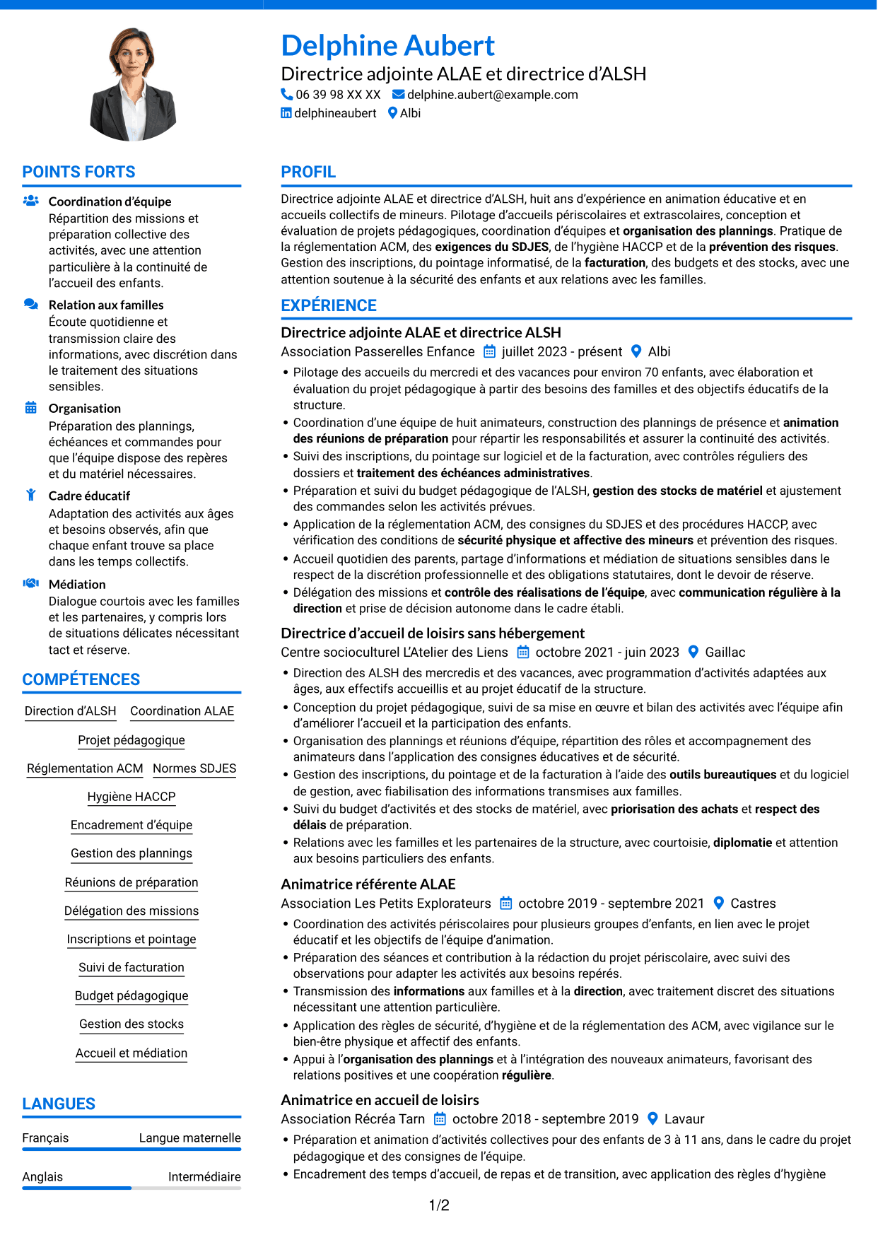CV Audacieux (format à deux colonnes avec accents colorés et photo) : Directeur adjoint ALAE - Direction d’ALSH, page 1