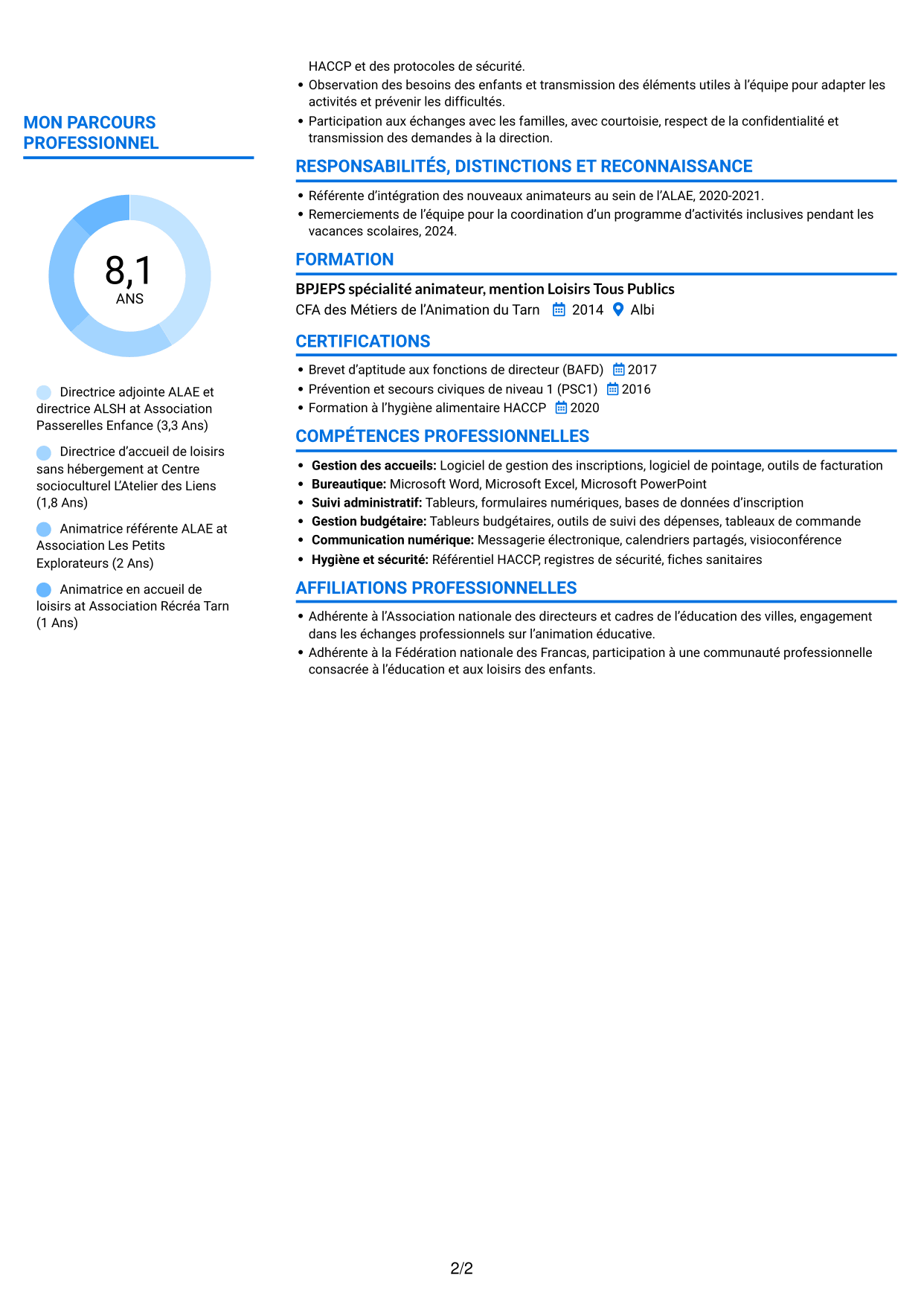 CV Audacieux (format à deux colonnes avec accents colorés et photo) : Directeur adjoint ALAE - Direction d’ALSH, page 2