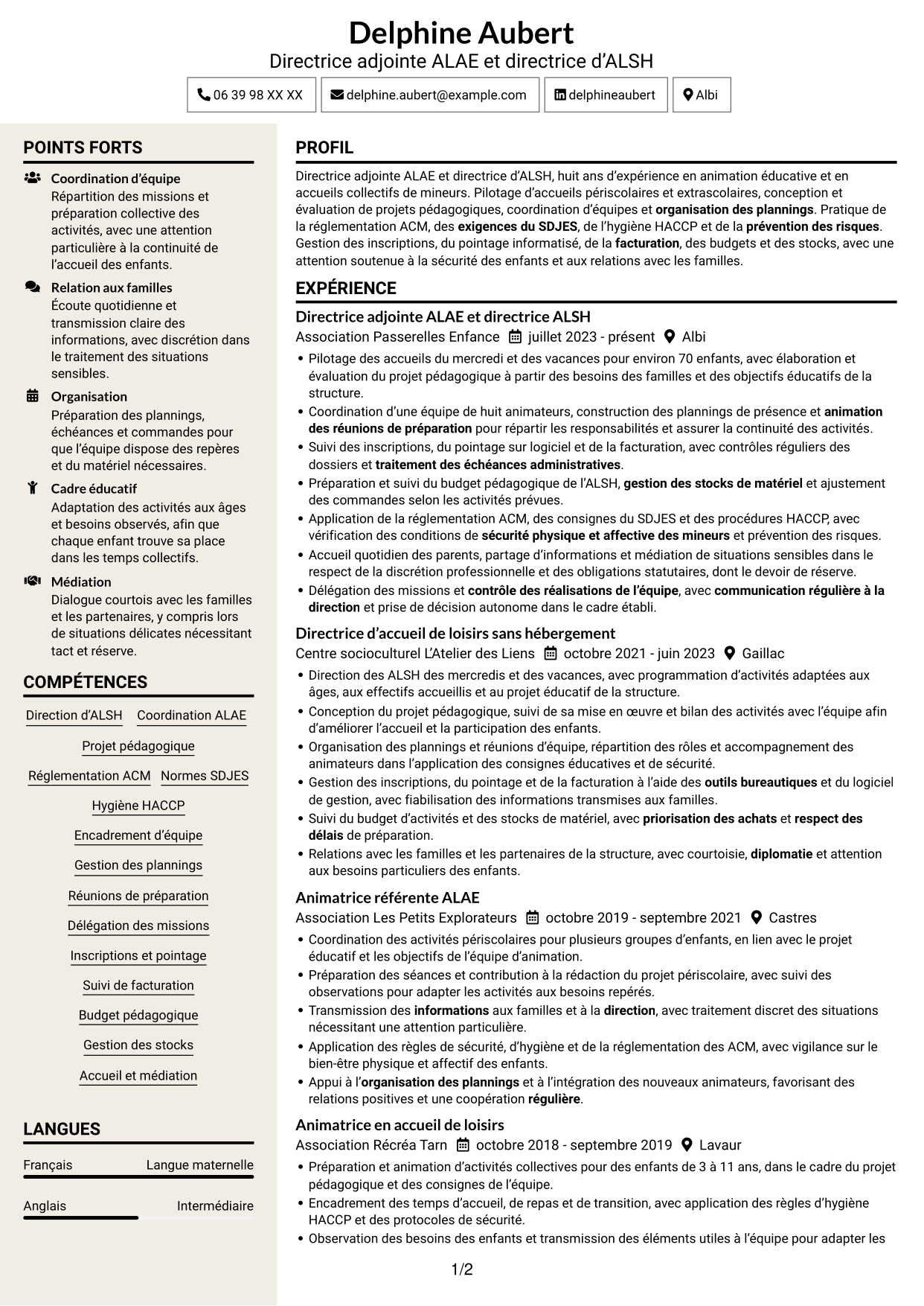 CV Fonceur (format à deux colonnes avec en-tête centré sans photo) : Directeur adjoint ALAE - Direction d’ALSH, page 1