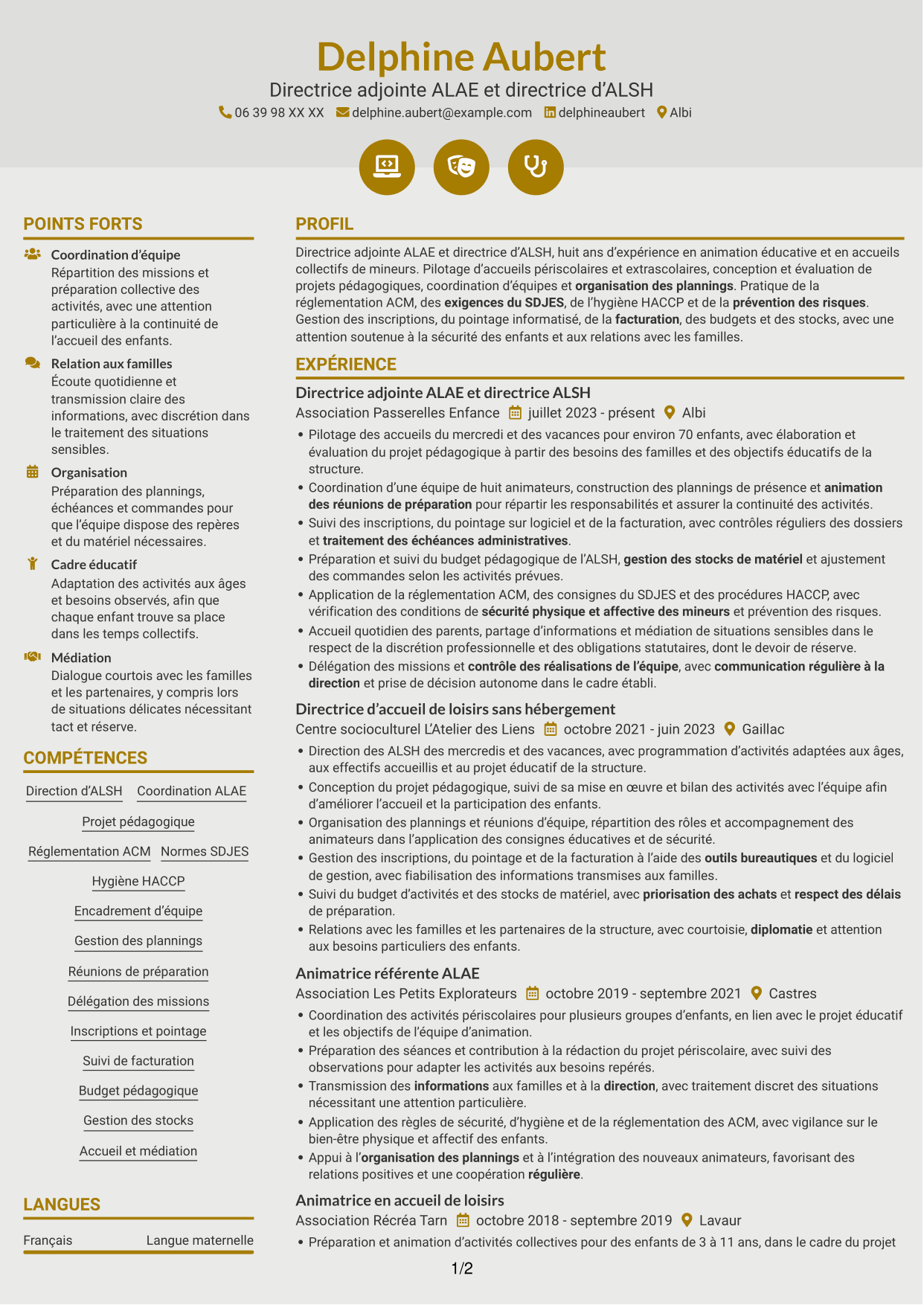 CV Dynamique (format à deux colonnes avec icônes) : Directeur adjoint ALAE - Direction d’ALSH, page 1