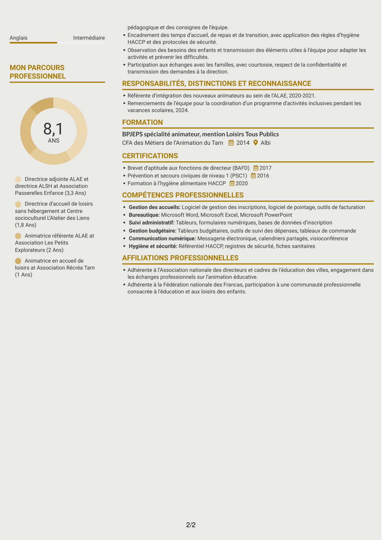 CV Dynamique (format à deux colonnes avec icônes) : Directeur adjoint ALAE - Direction d’ALSH, page 2