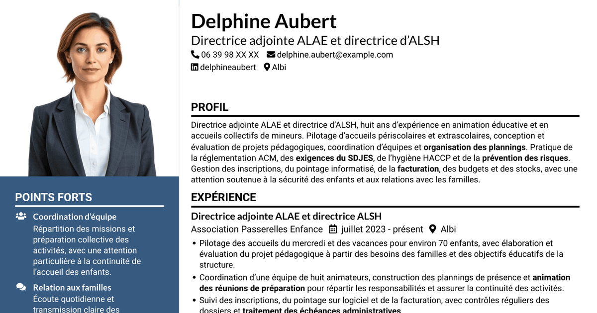 7 modèles de CV pour Directeur adjoint ALAE - Direction d’ALSH, avec exemples
