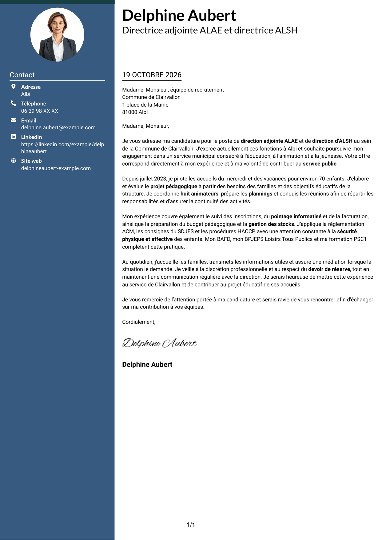Lettre de motivation Élégant (format à colonne latérale colorée avec photo) : Directeur adjoint ALAE - Direction d’ALSH, page 1
