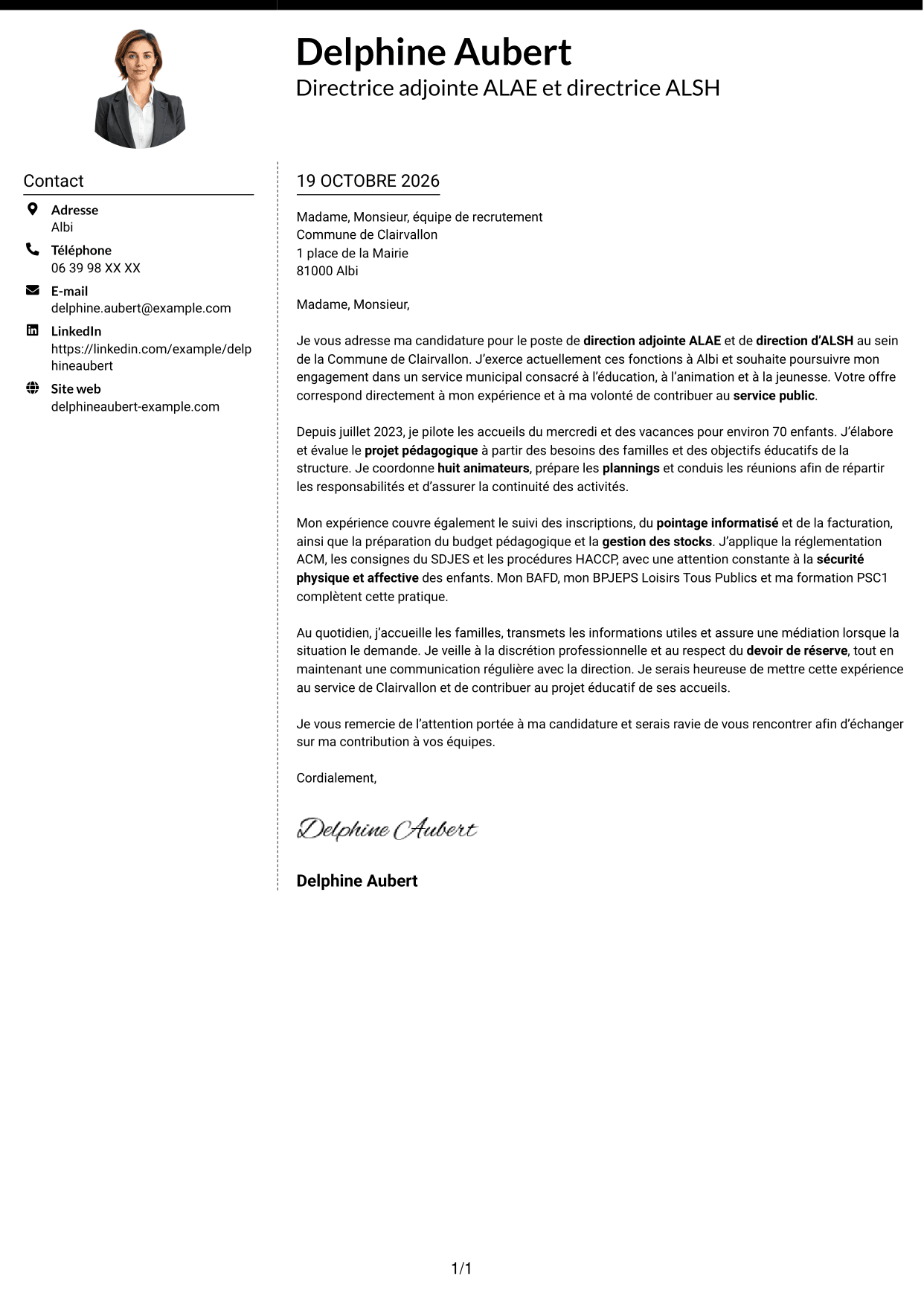 Lettre de motivation Moderne (format à deux colonnes avec photo à gauche et séparateur) : Directeur adjoint ALAE - Direction d’ALSH, page 1