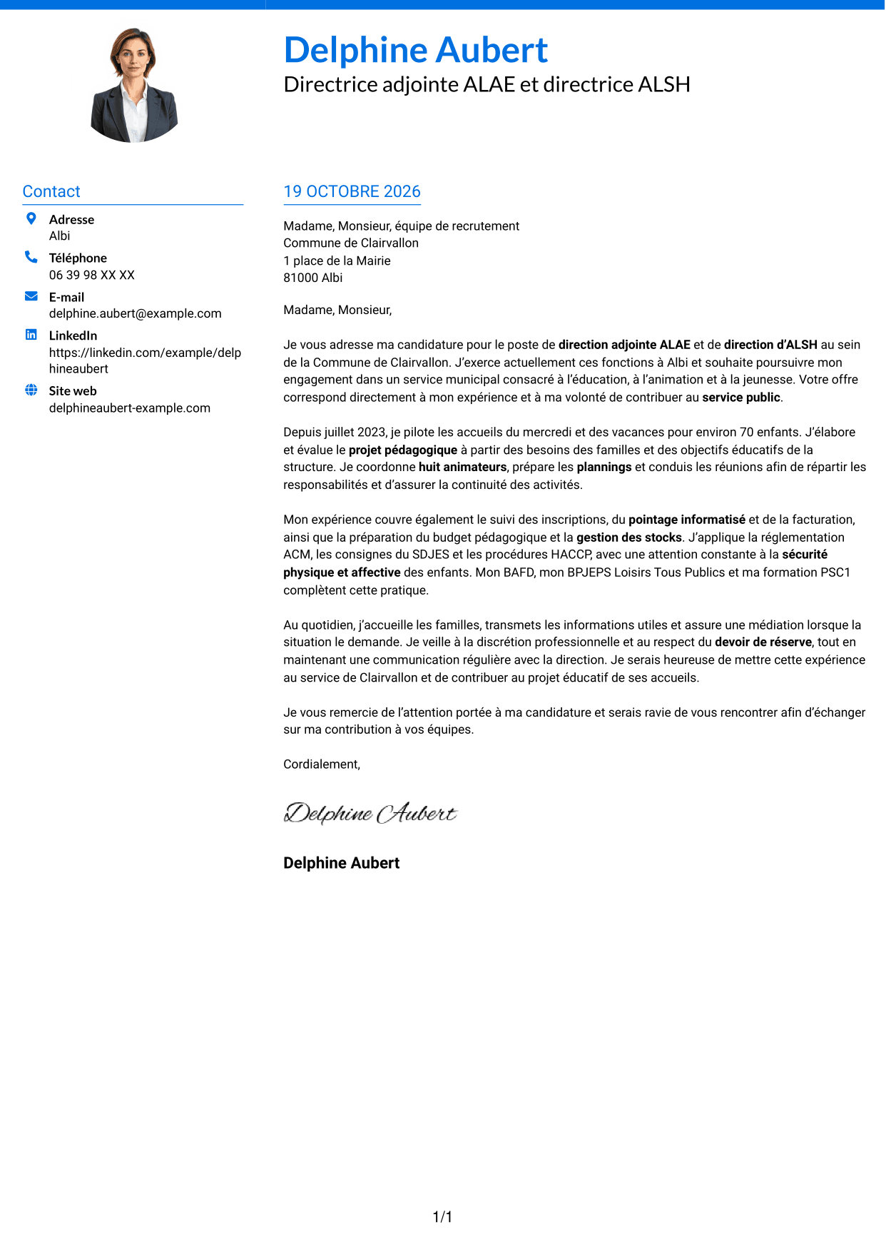 Lettre de motivation Audacieux (format à deux colonnes avec accents colorés et photo) : Directeur adjoint ALAE - Direction d’ALSH, page 1
