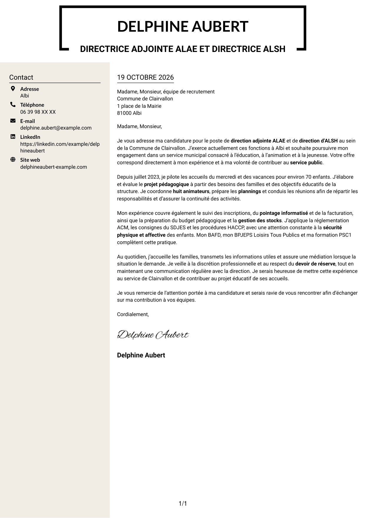 Lettre de motivation Fonceur (format à deux colonnes avec en-tête centré sans photo) : Directeur adjoint ALAE - Direction d’ALSH, page 1