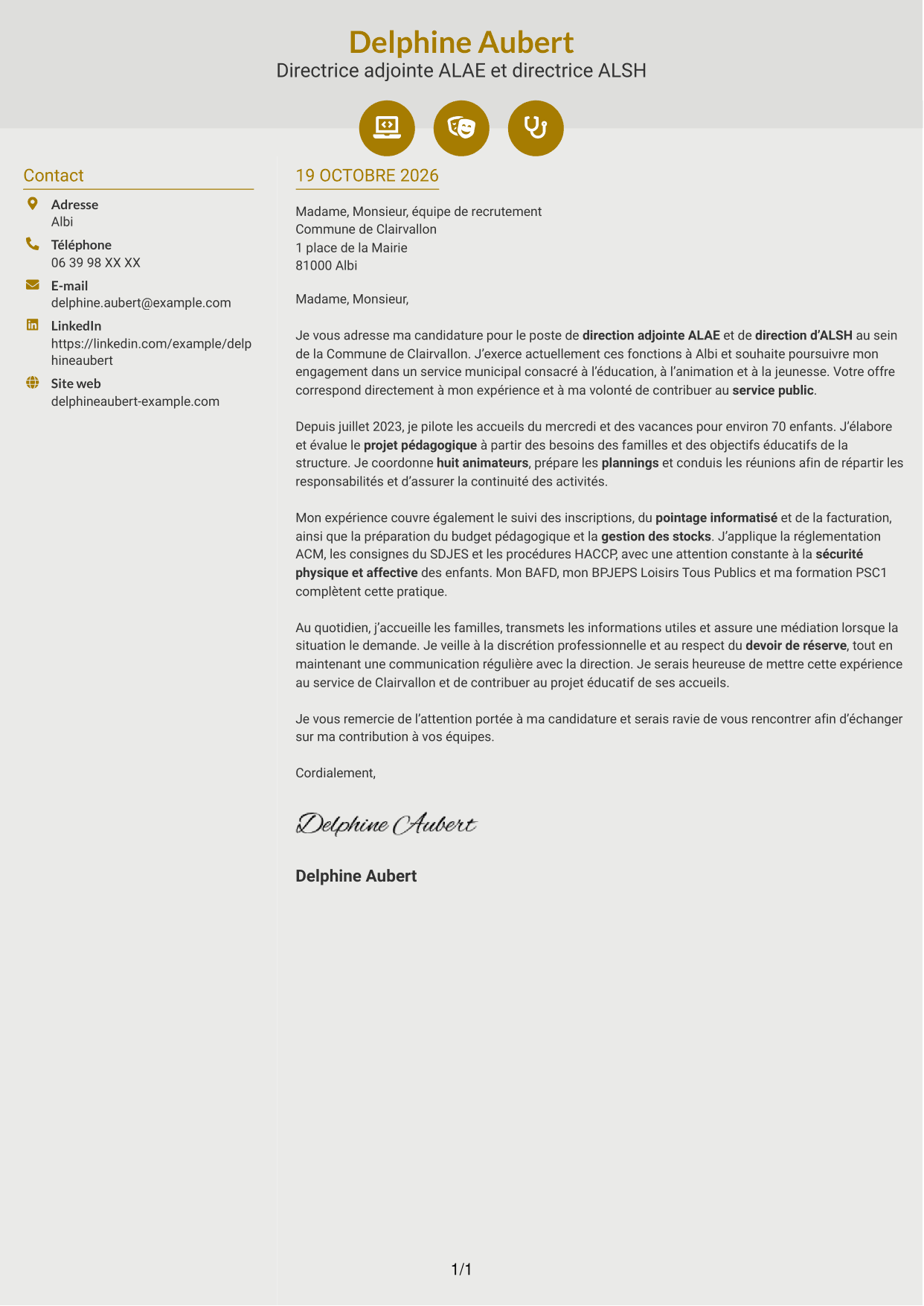 Lettre de motivation Dynamique (format à deux colonnes avec icônes) : Directeur adjoint ALAE - Direction d’ALSH, page 1