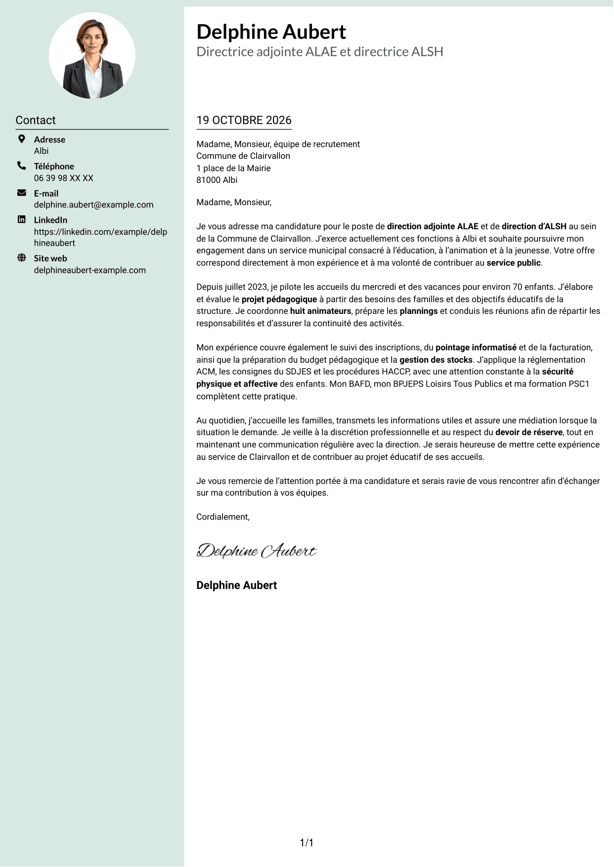 Lettre de motivation Cadre (format à colonne latérale douce avec photo arrondie) : Directeur adjoint ALAE - Direction d’ALSH, page 1