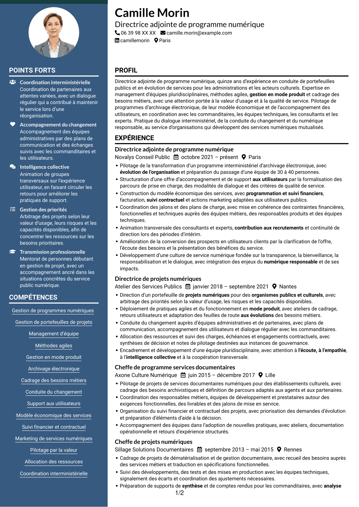 CV Élégant (format à colonne latérale colorée avec photo) : Directeur adjoint de programme - Services d’archivage électronique, page 1