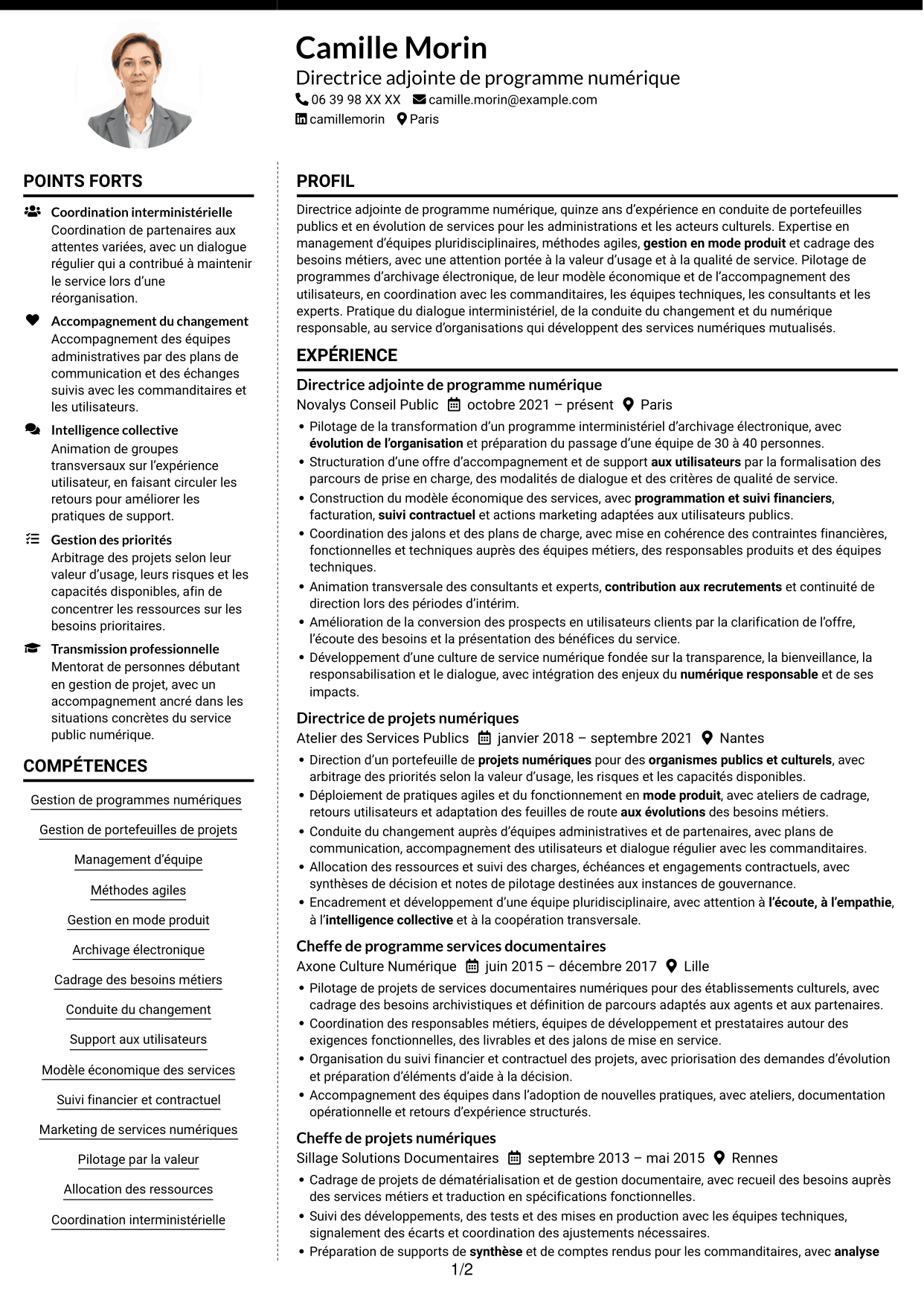 CV Moderne (format à deux colonnes avec photo à gauche et séparateur) : Directeur adjoint de programme - Services d’archivage électronique, page 1