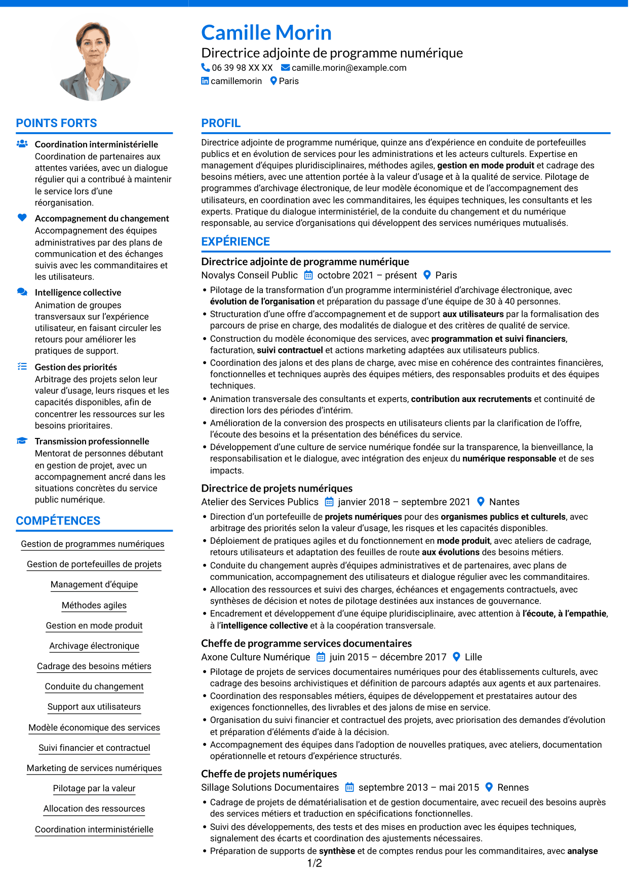 CV Audacieux (format à deux colonnes avec accents colorés et photo) : Directeur adjoint de programme - Services d’archivage électronique, page 1