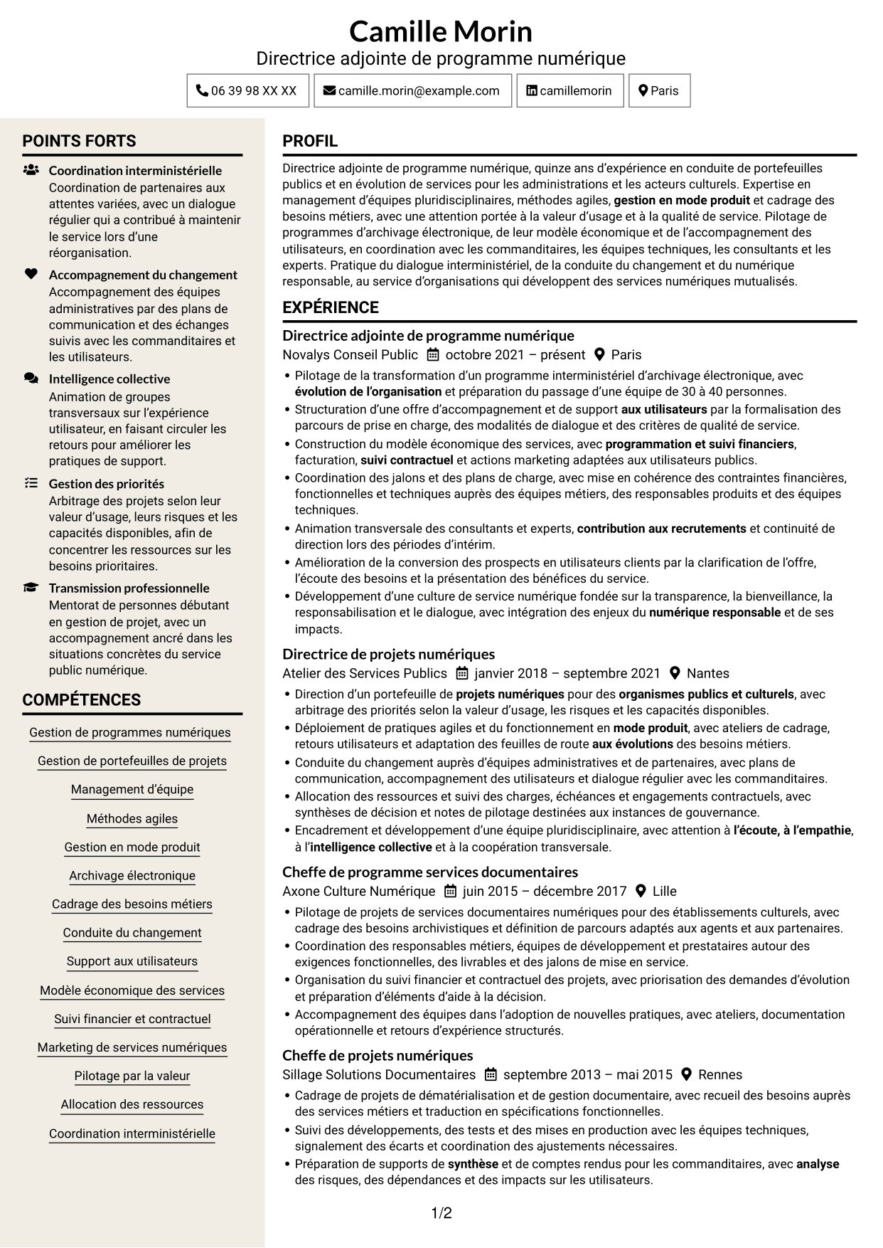 CV Fonceur (format à deux colonnes avec en-tête centré sans photo) : Directeur adjoint de programme - Services d’archivage électronique, page 1