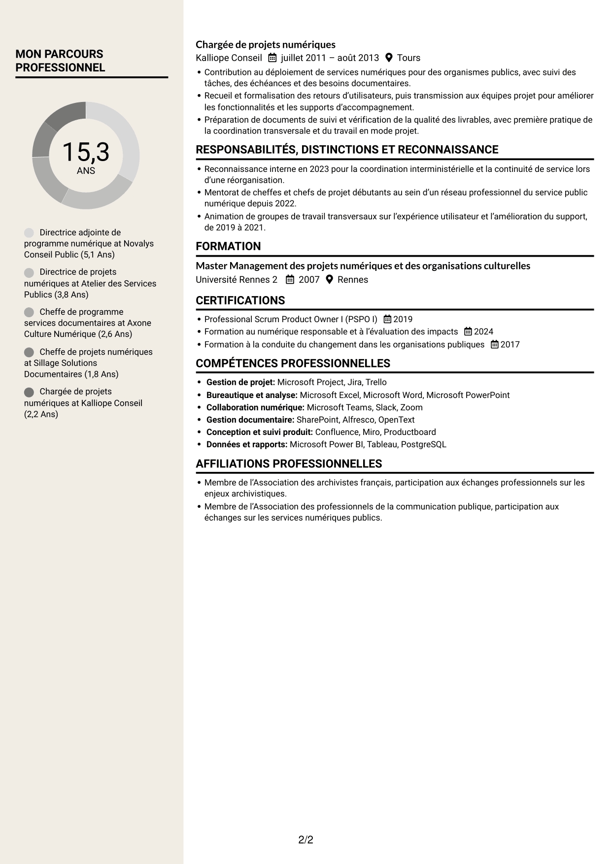 CV Fonceur (format à deux colonnes avec en-tête centré sans photo) : Directeur adjoint de programme - Services d’archivage électronique, page 2