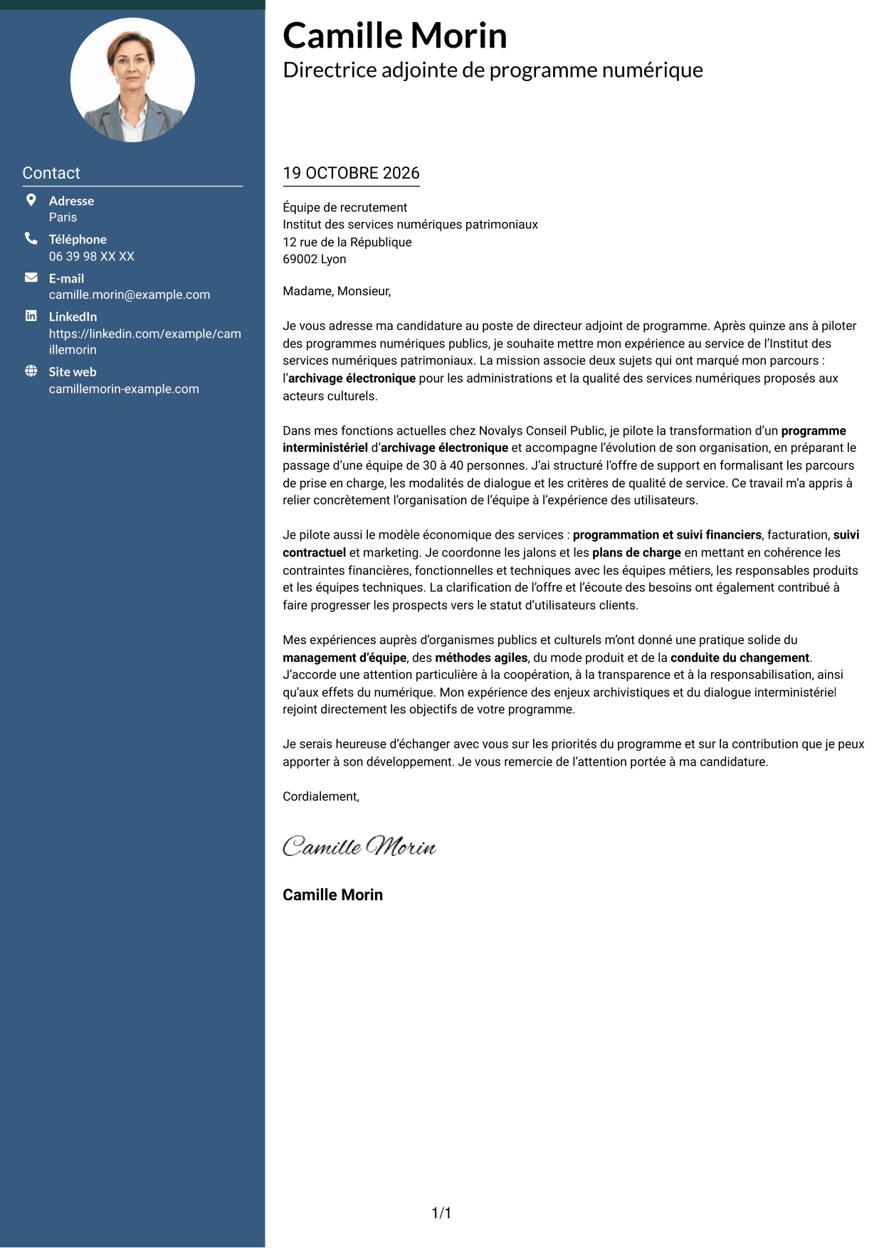 Lettre de motivation Élégant (format à colonne latérale colorée avec photo) : Directeur adjoint de programme - Services d’archivage électronique, page 1