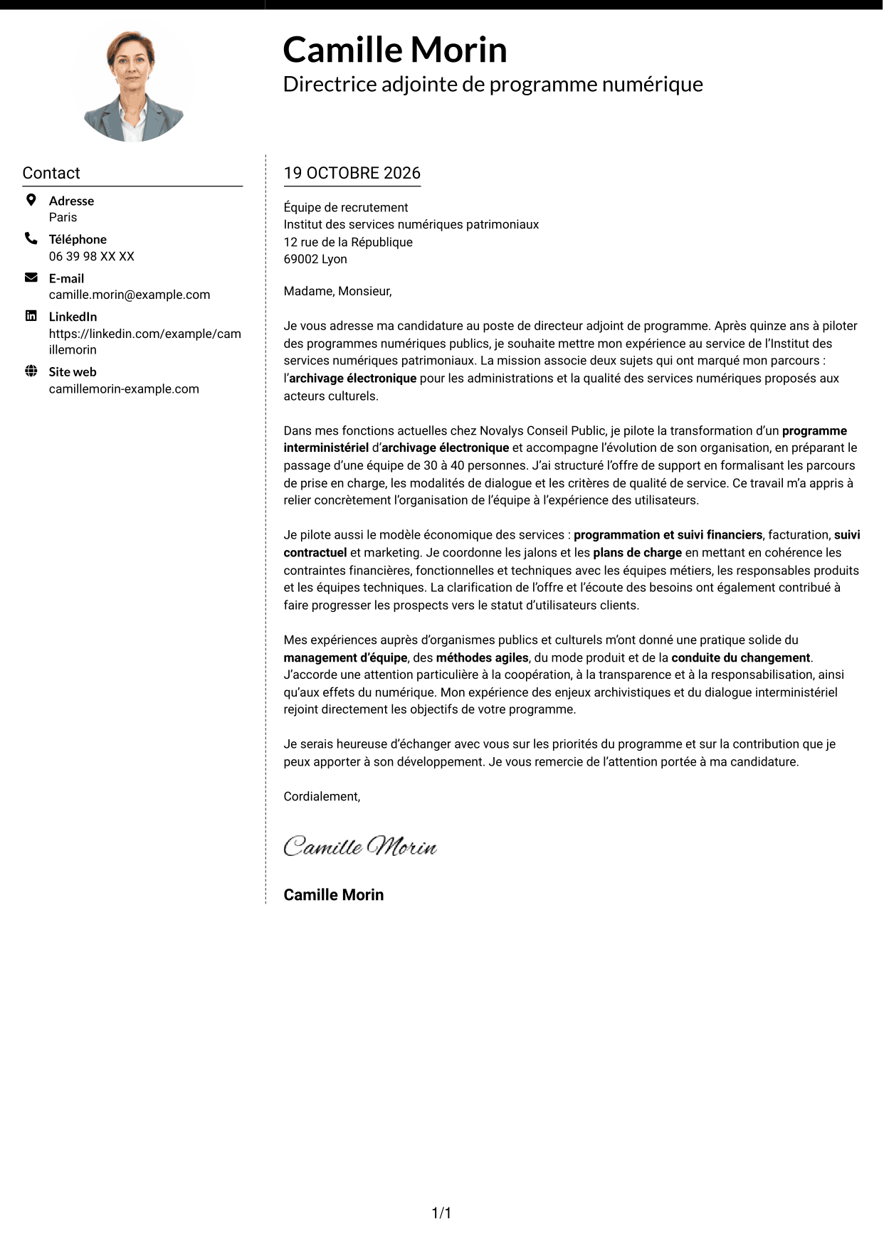 Lettre de motivation Moderne (format à deux colonnes avec photo à gauche et séparateur) : Directeur adjoint de programme - Services d’archivage électronique, page 1