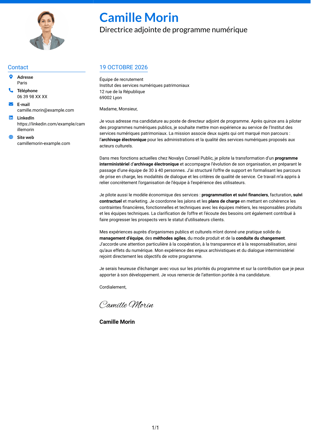 Lettre de motivation Audacieux (format à deux colonnes avec accents colorés et photo) : Directeur adjoint de programme - Services d’archivage électronique, page 1
