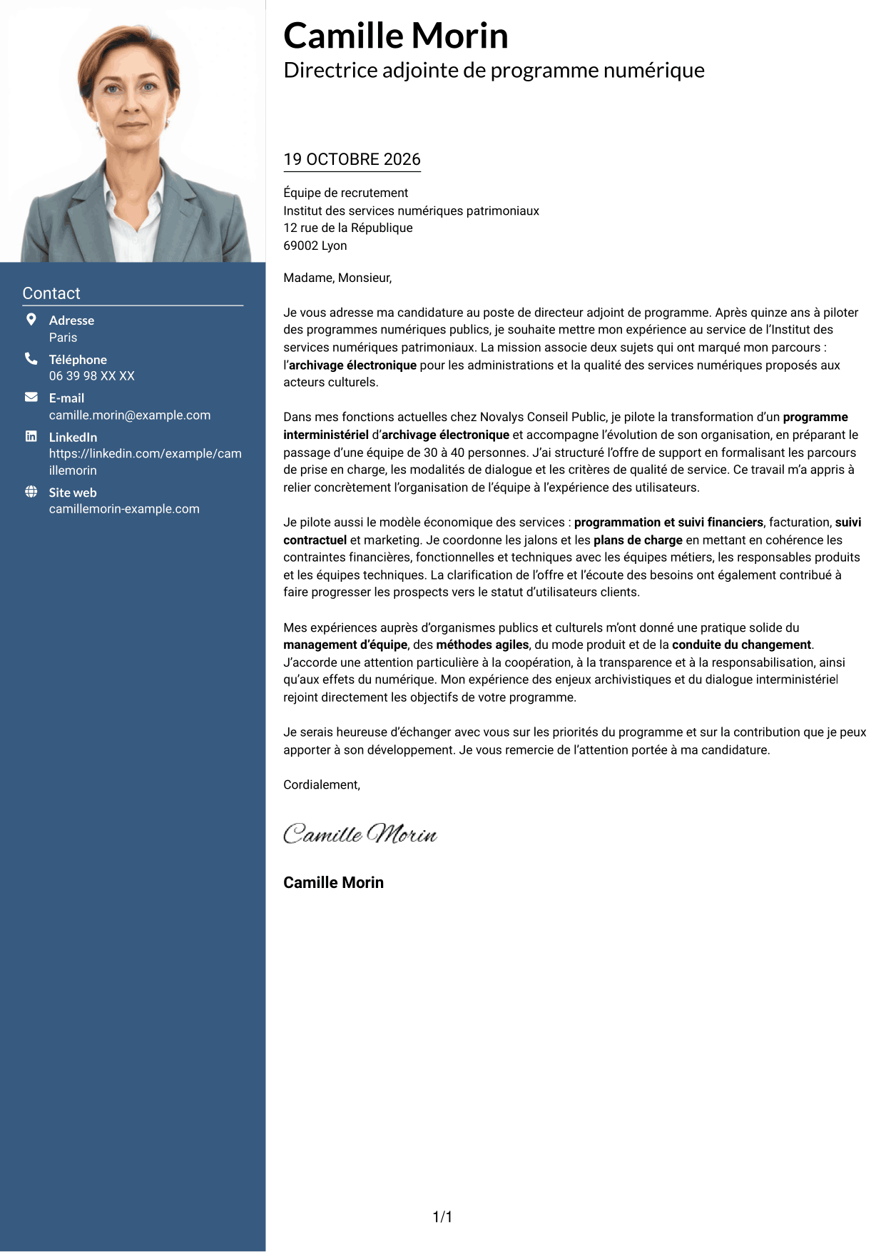 Lettre de motivation Signature (format à colonne latérale colorée avec grande photo) : Directeur adjoint de programme - Services d’archivage électronique, page 1