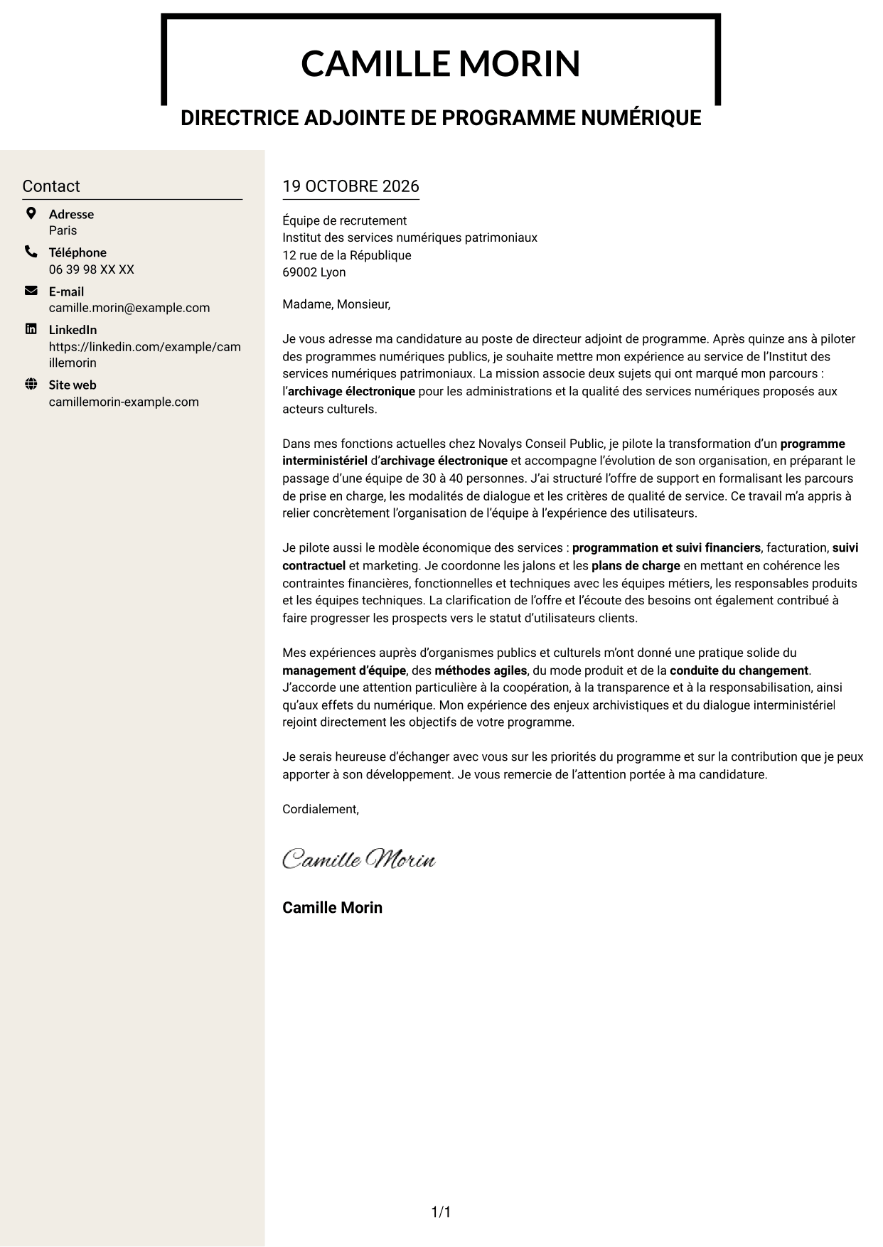 Lettre de motivation Fonceur (format à deux colonnes avec en-tête centré sans photo) : Directeur adjoint de programme - Services d’archivage électronique, page 1