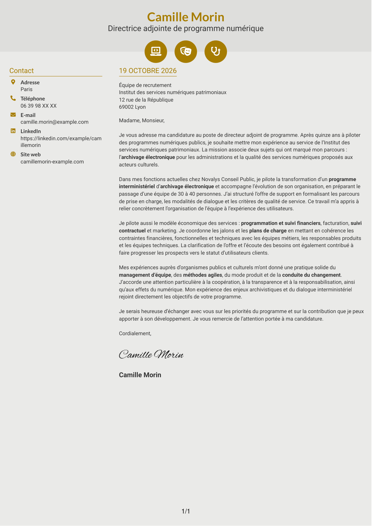 Lettre de motivation Dynamique (format à deux colonnes avec icônes) : Directeur adjoint de programme - Services d’archivage électronique, page 1