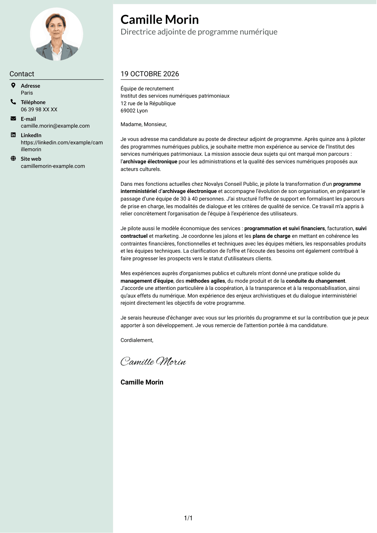 Lettre de motivation Cadre (format à colonne latérale douce avec photo arrondie) : Directeur adjoint de programme - Services d’archivage électronique, page 1