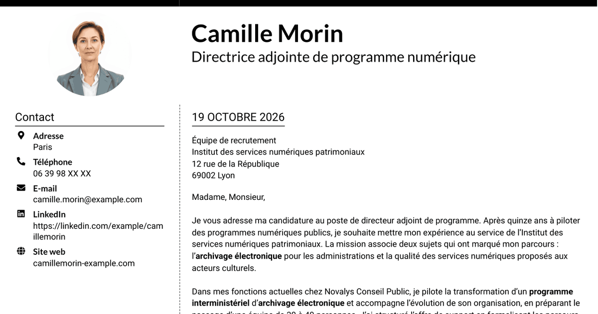 7 modèles de lettre de motivation pour Directeur adjoint de programme - Services d’archivage électronique, avec exemples