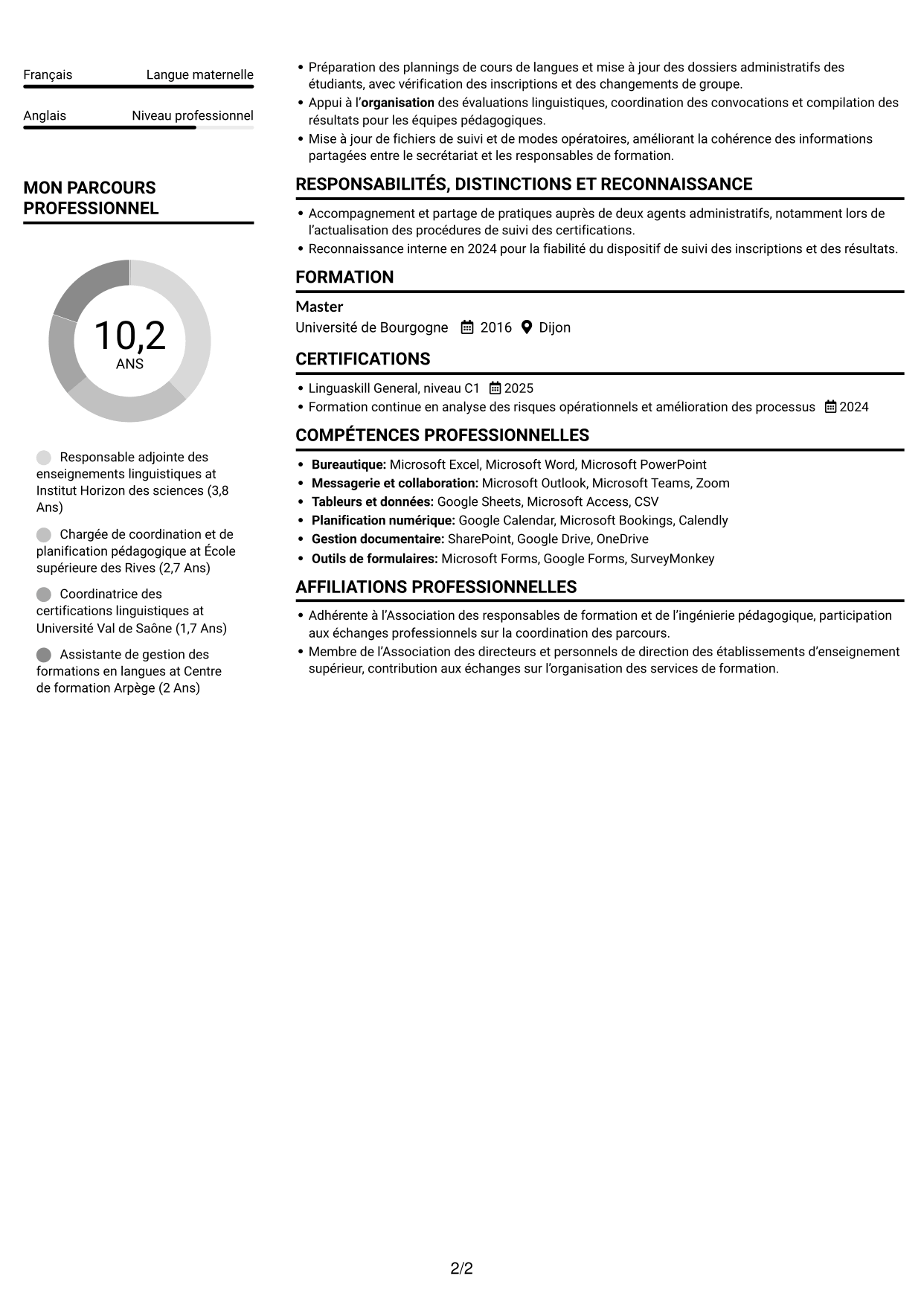 CV Compact (format sobre à deux colonnes avec photo) : Directeur adjoint des enseignements - Langues et cultures, page 2