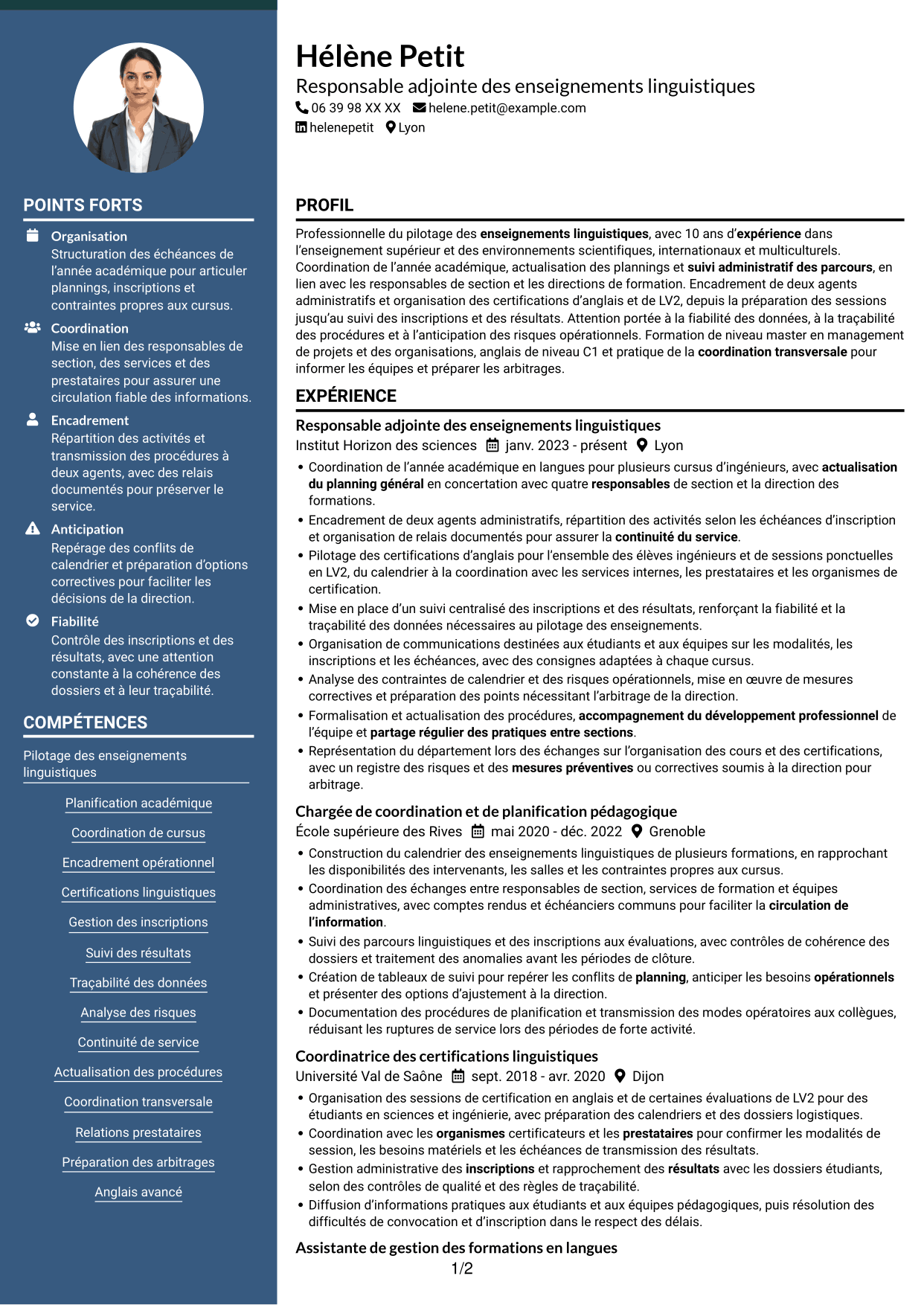 CV Élégant (format à colonne latérale colorée avec photo) : Directeur adjoint des enseignements - Langues et cultures, page 1