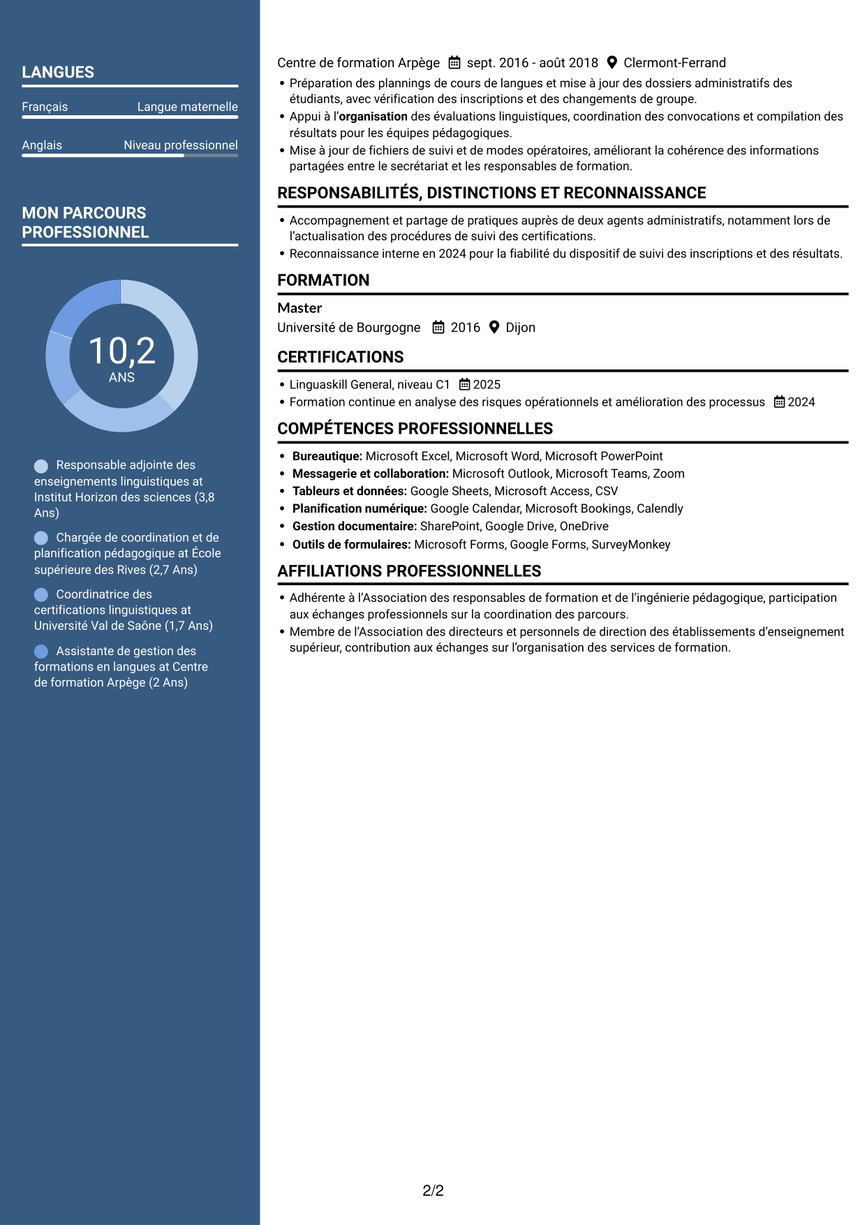 CV Élégant (format à colonne latérale colorée avec photo) : Directeur adjoint des enseignements - Langues et cultures, page 2