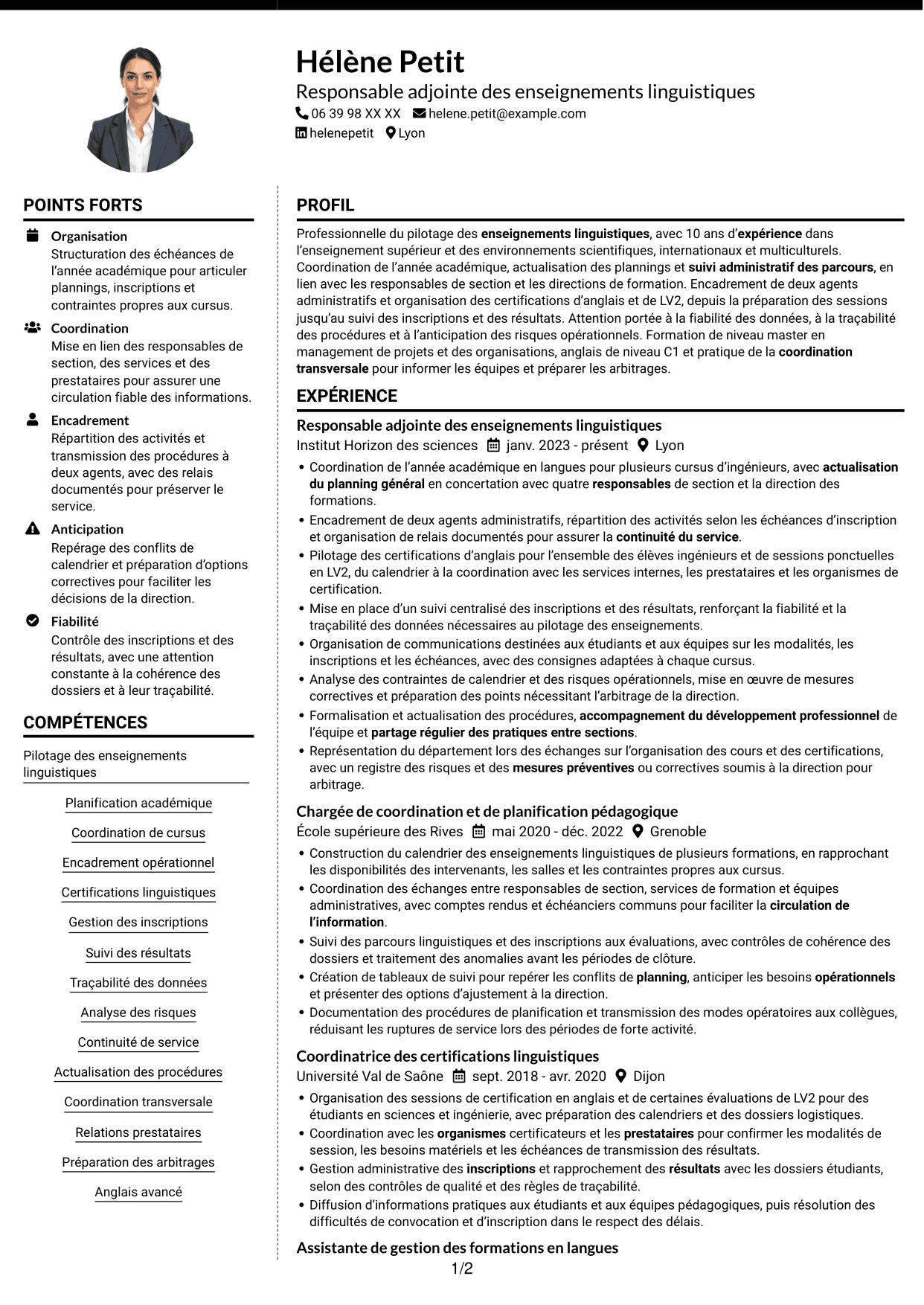 CV Moderne (format à deux colonnes avec photo à gauche et séparateur) : Directeur adjoint des enseignements - Langues et cultures, page 1